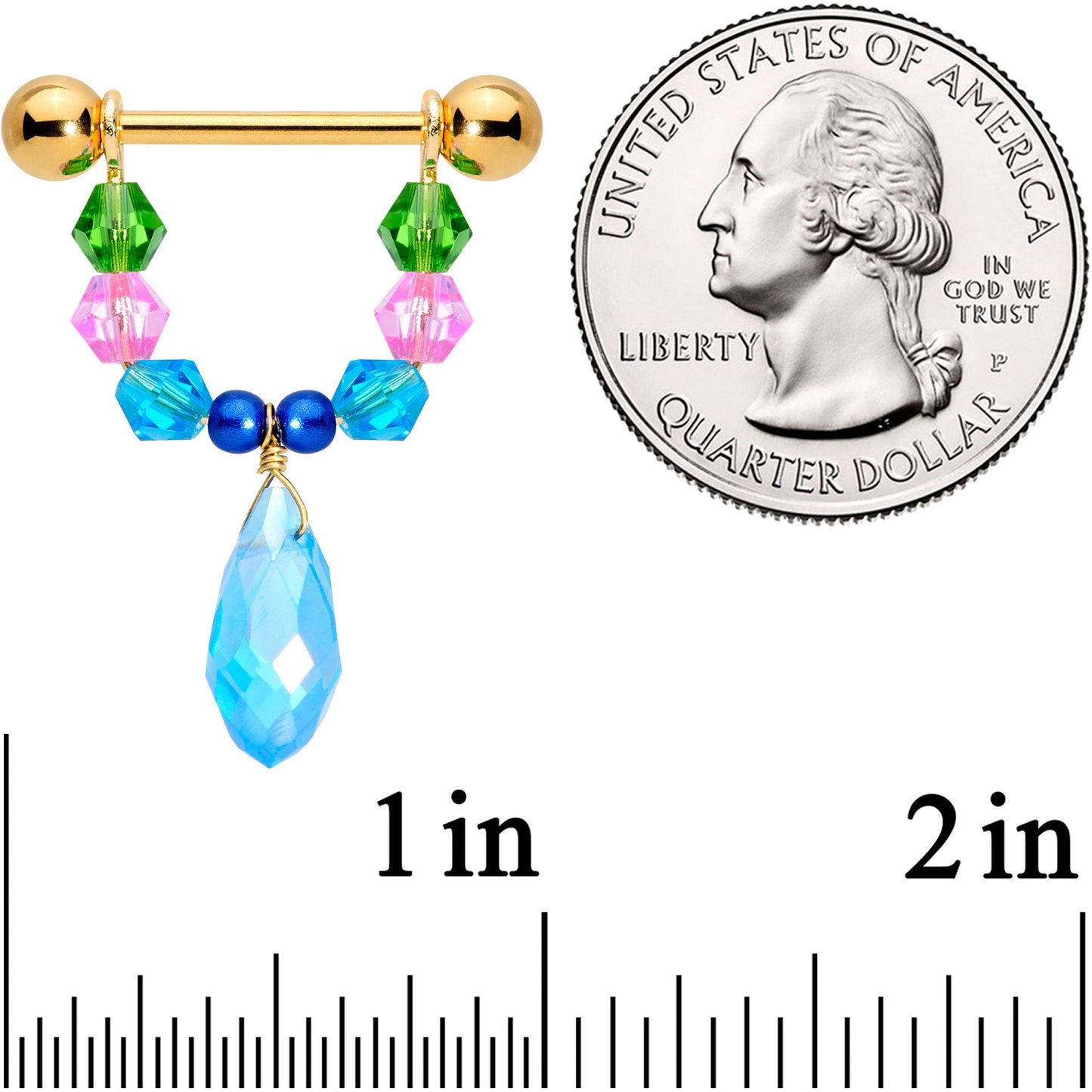 14 Gauge 5/8 Blue Pink Green Gem Gold Tone Drop Nipple Ring Set