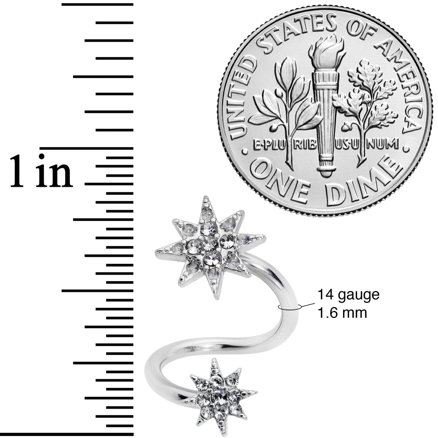 14 Gauge 3/8 Clear Gem Double Eight Pointed Star Twister Belly Ring