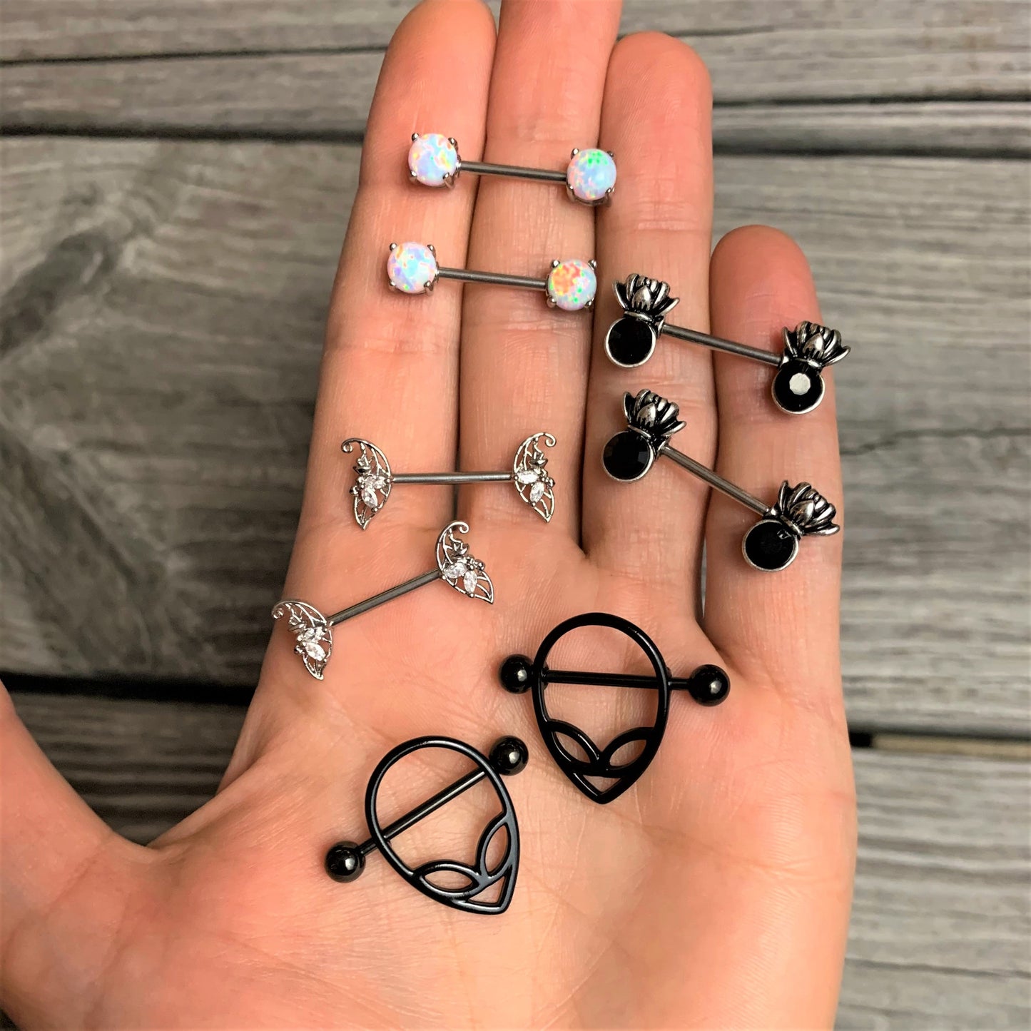 14 Gauge 9/16 Clear CZ Gem Fairy Leaf Barbell Nipple Ring Set