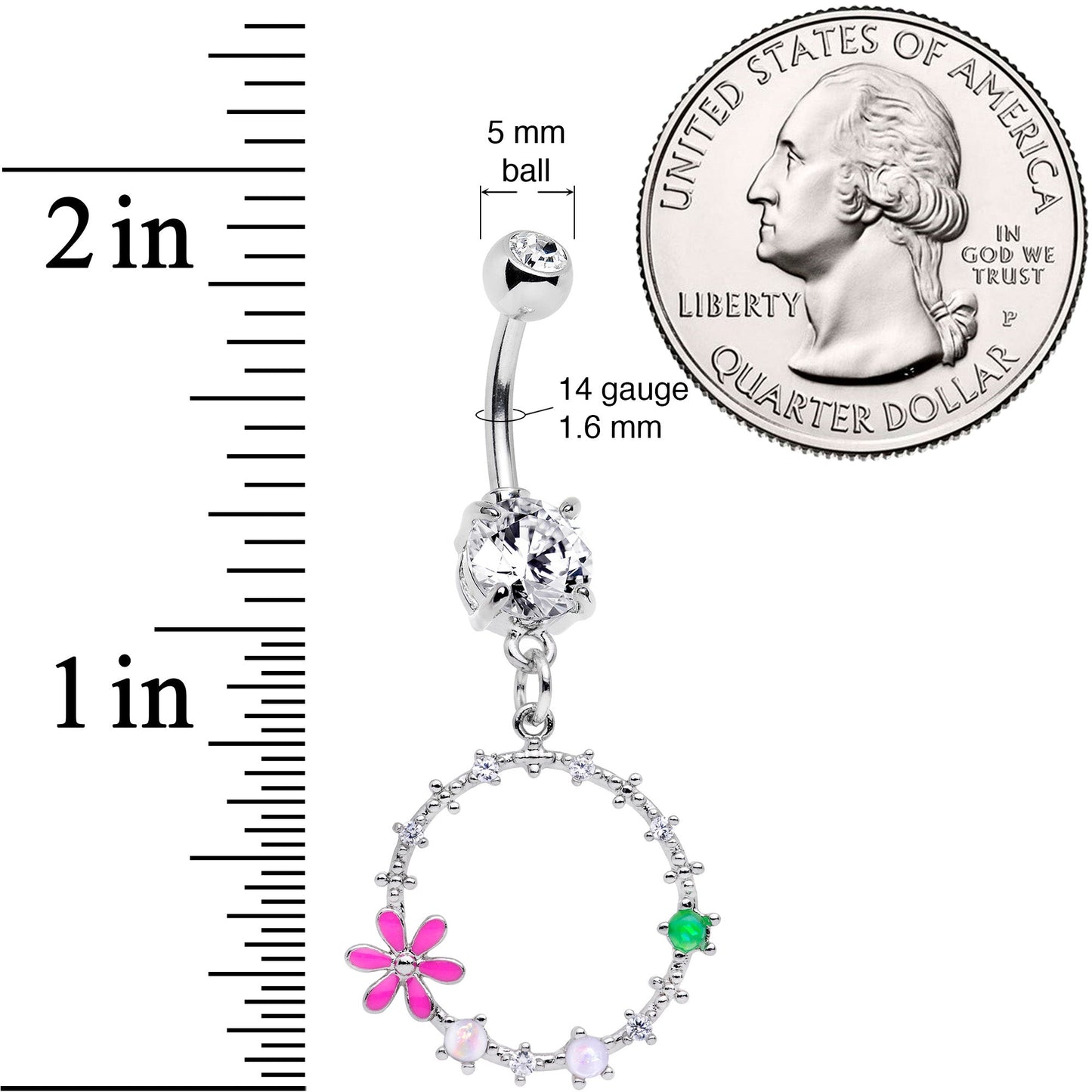 Clear CZ Gem Green Pink Faux Opal Loop Flower Dangle Belly Ring