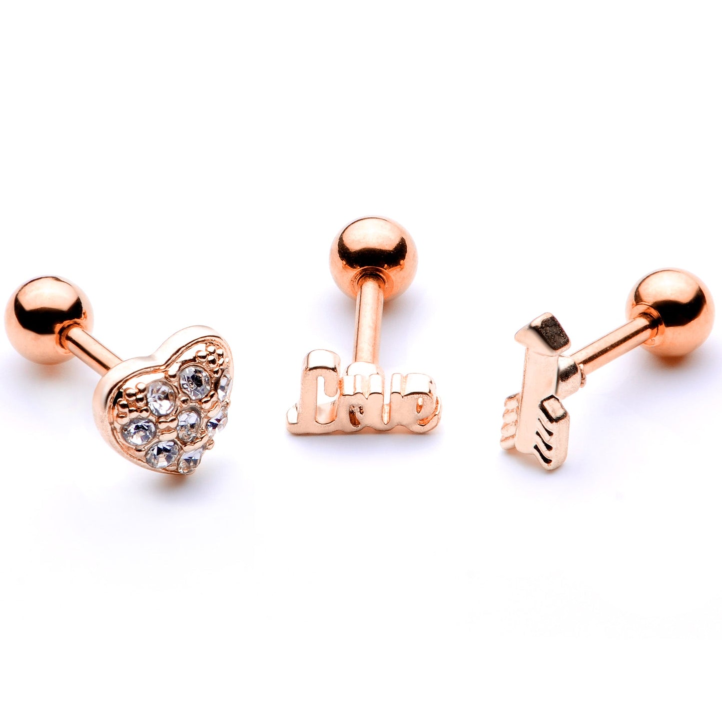 16 Gauge 1/4 Clear Gem Rose Gold Tone Plated Valentine Cartilage Set