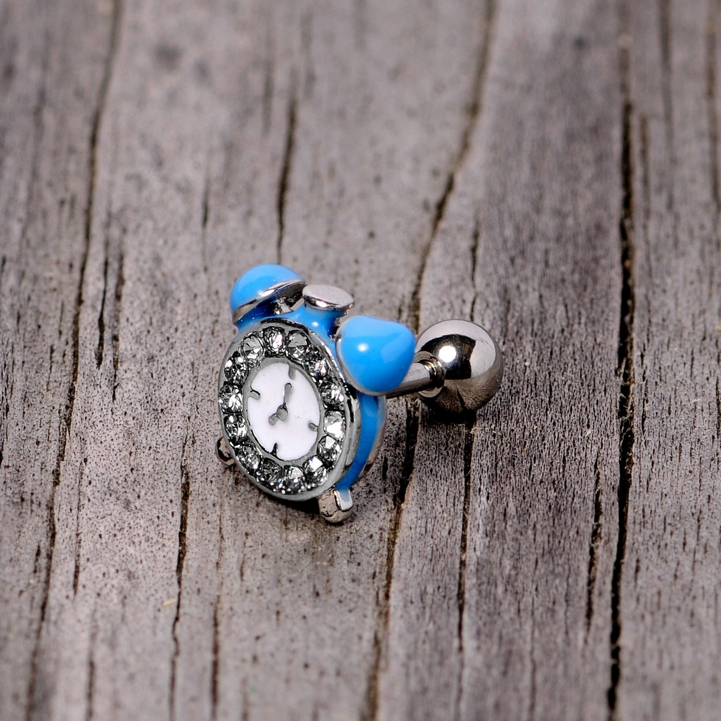 16 Gauge 1/4 Clear Gem Light Blue Alarm Clock Cartilage Tragus Earring