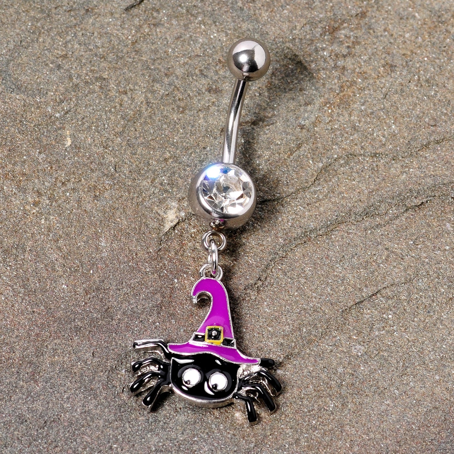 Clear Gem Black Purple Witchy Spider Halloween Dangle Belly Ring