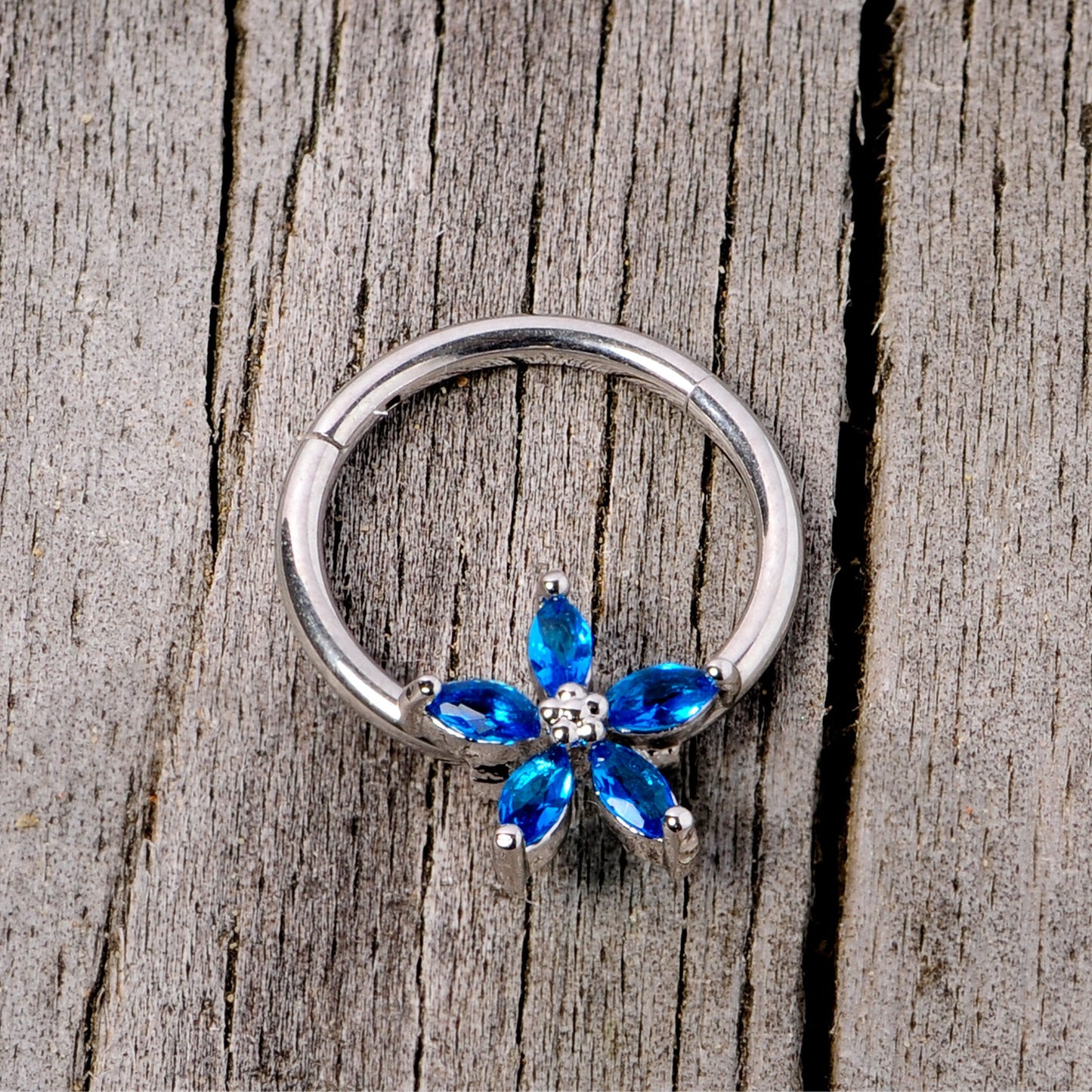 16 Gauge 3/8 Blue Gem Royal Flower Hinged Segment Ring