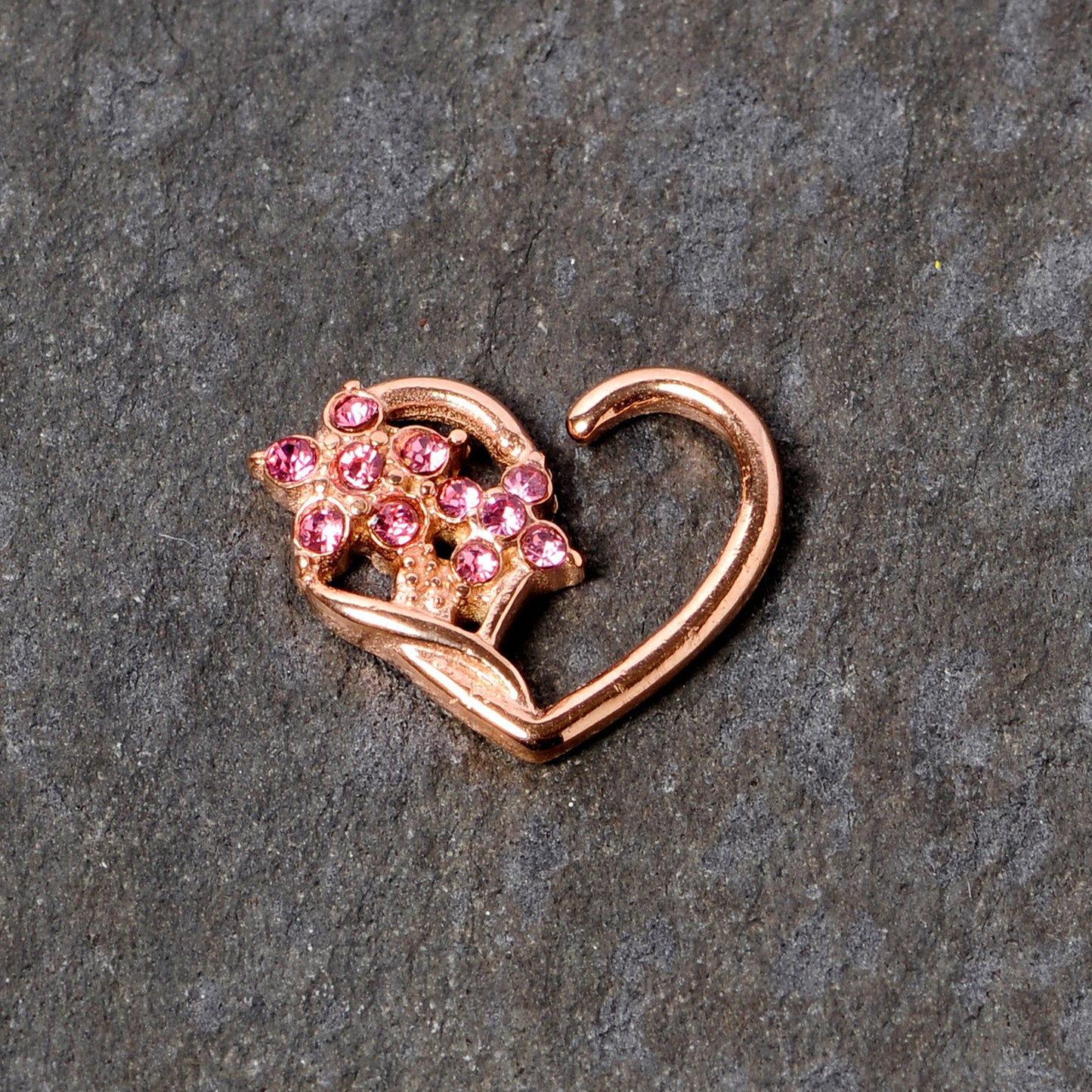16 Gauge 3/8 Pink Gem Rose Gold Tone Heart Right Ear Closure Ring
