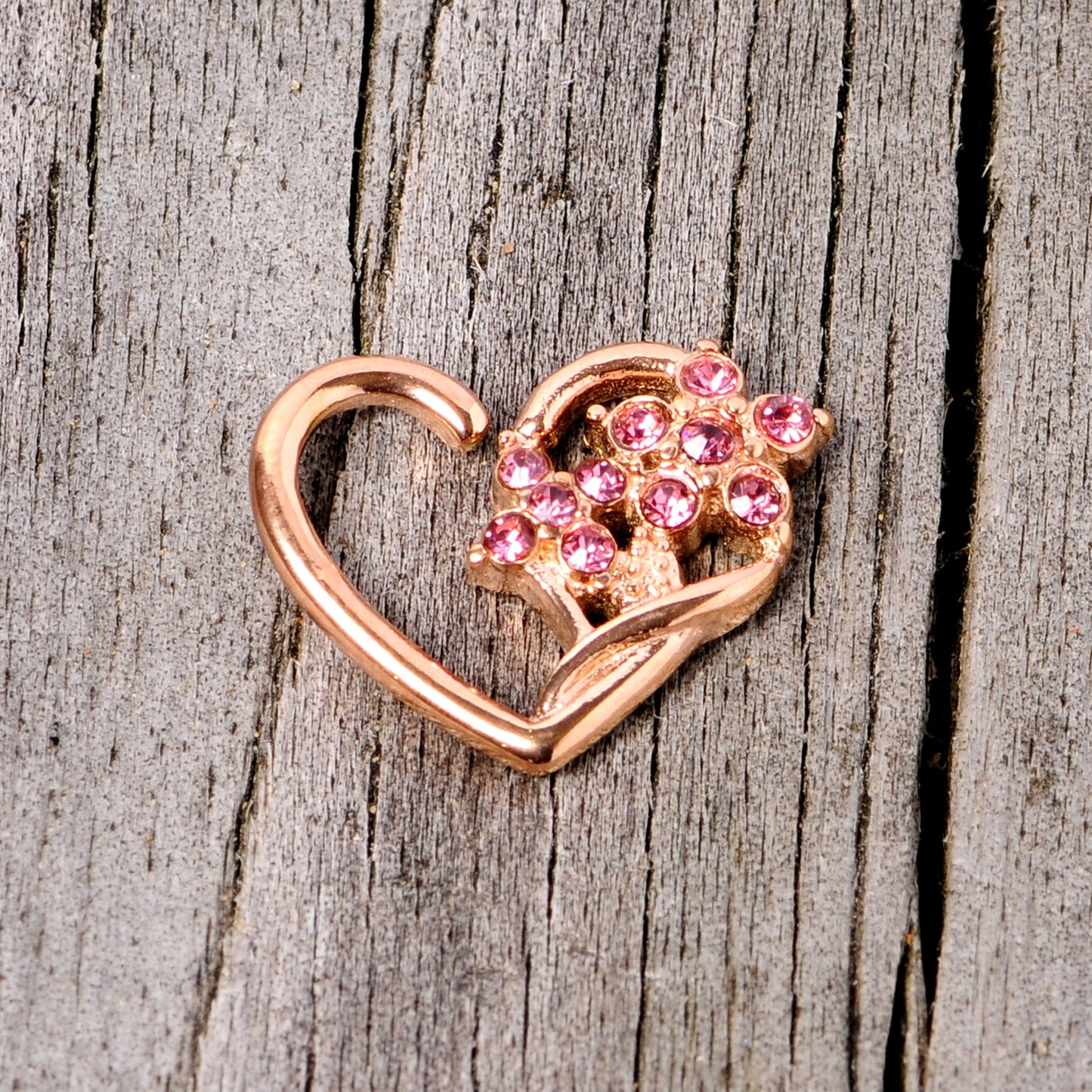 16 Gauge 3/8 Pink Gem Rose Gold Tone Heart Left Ear Closure Ring