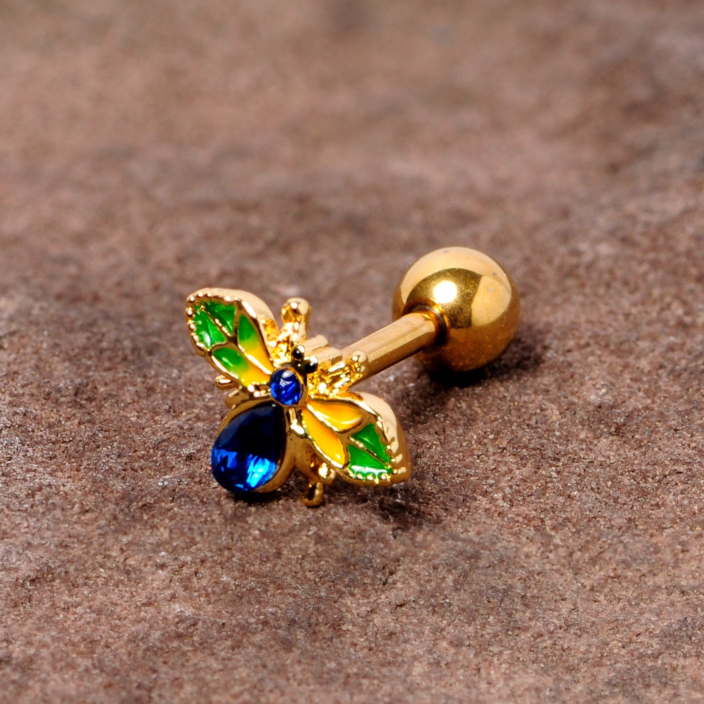16 Gauge 1/4 Blue Gem Gold Tone Colorful Bee Cartilage Tragus Earring