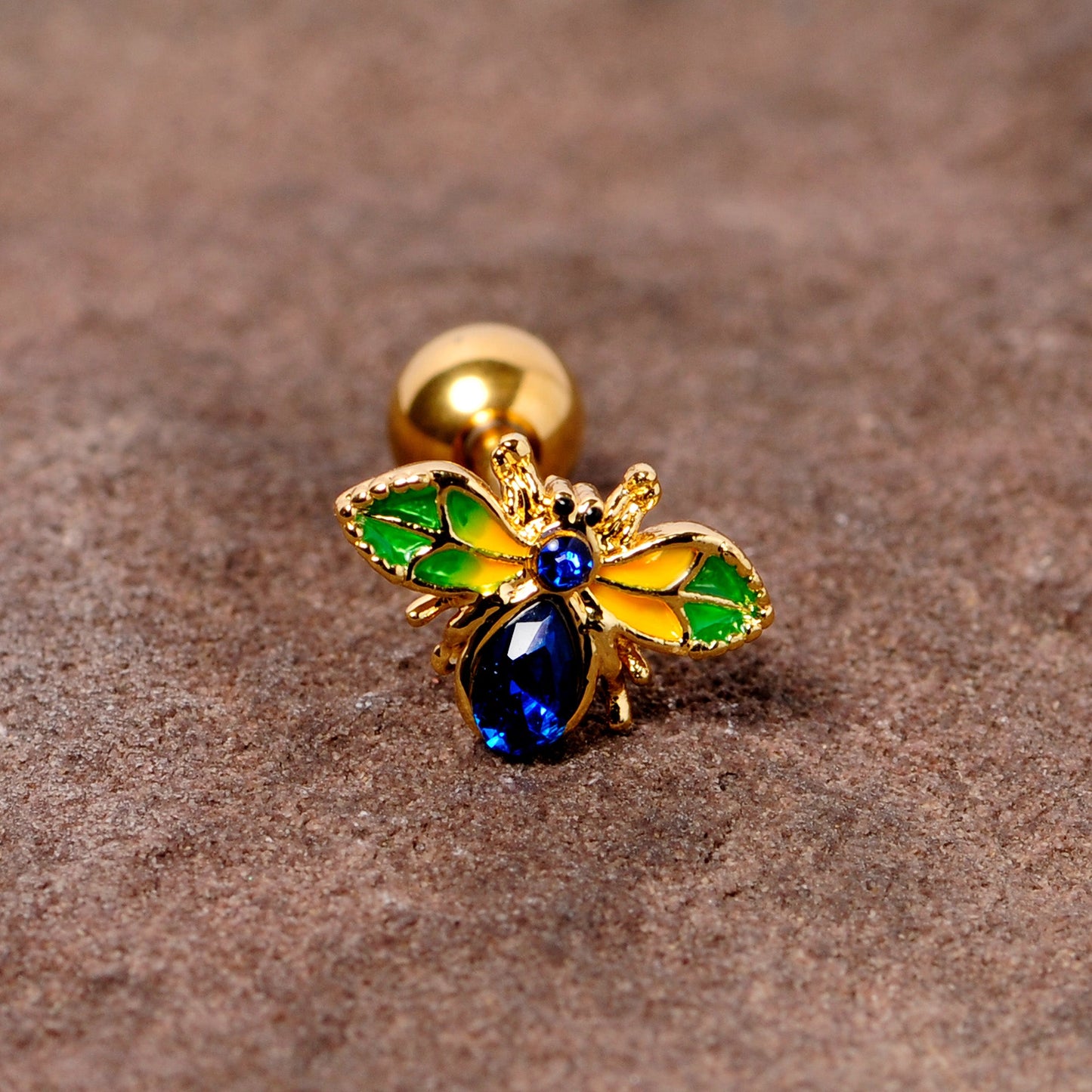 16 Gauge 1/4 Blue Gem Gold Tone Colorful Bee Cartilage Tragus Earring