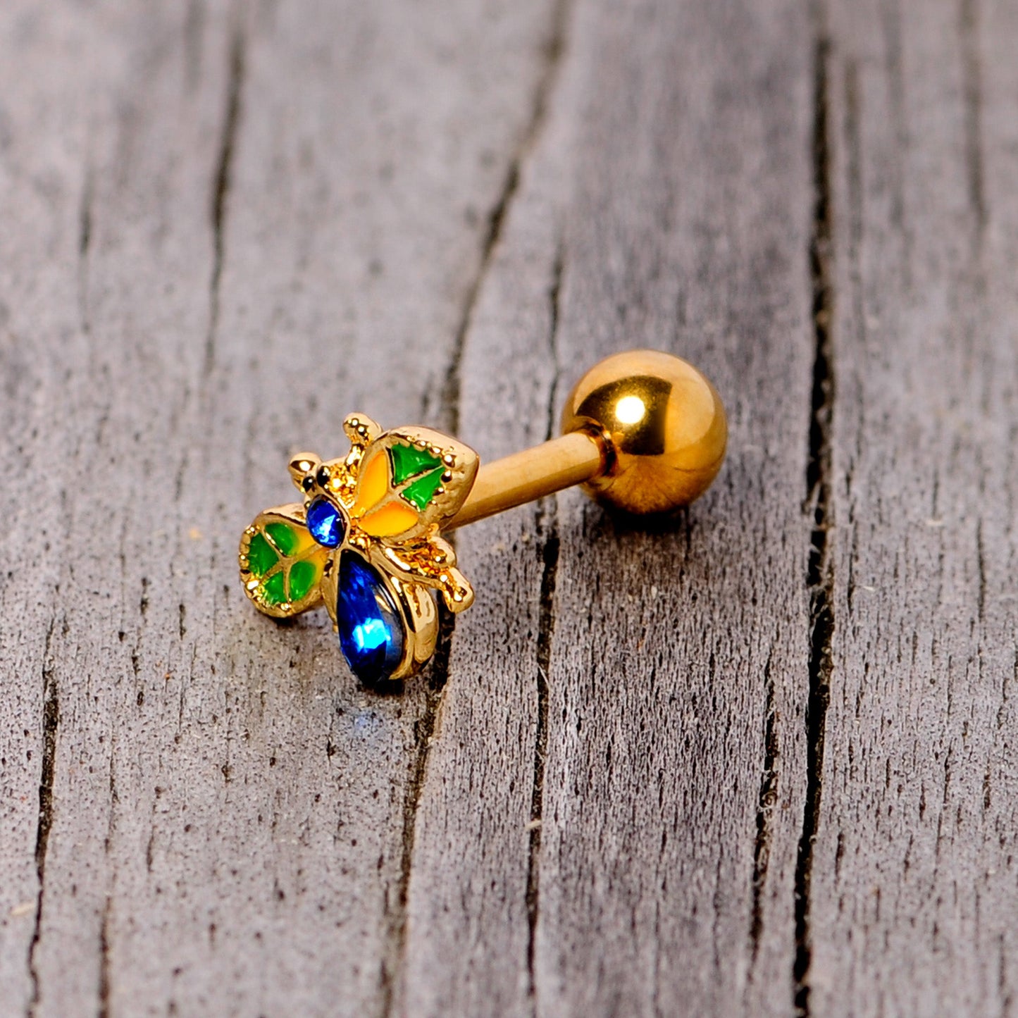 16 Gauge 1/4 Blue Gem Gold Tone Colorful Bee Cartilage Tragus Earring