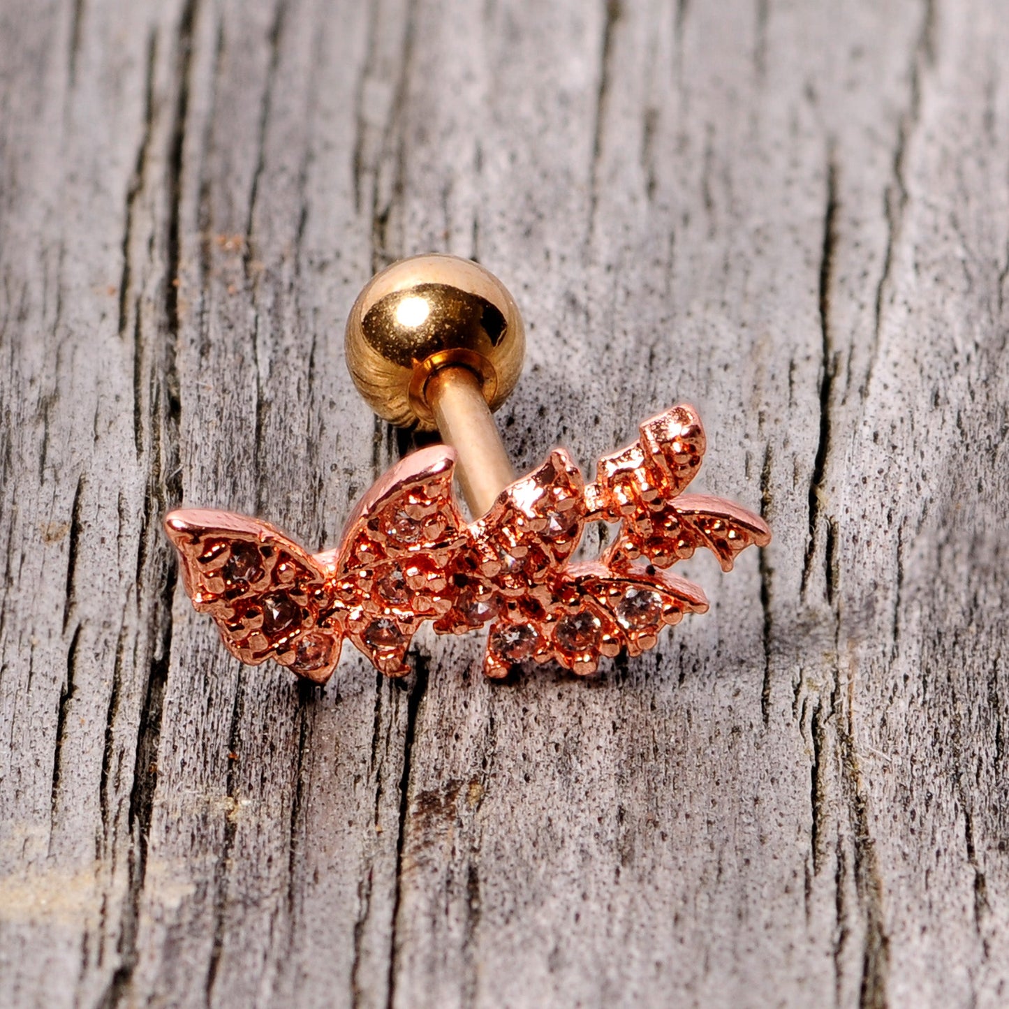 16 Gauge 1/4 Clear CZ Gem Rose Gold Tone Butterfly Trio Cartilage Tragus