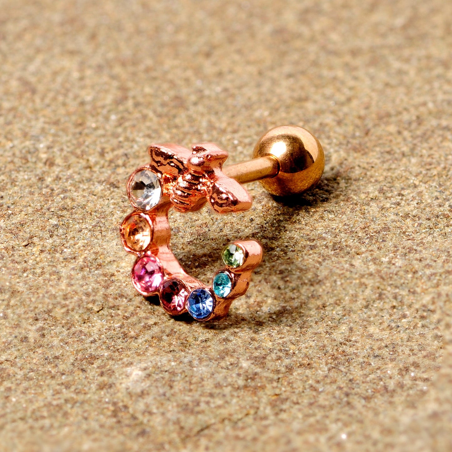 16 Gauge 1/4 Multicolor Gem Rose Gold Tone Bee Cartilage Tragus Earring