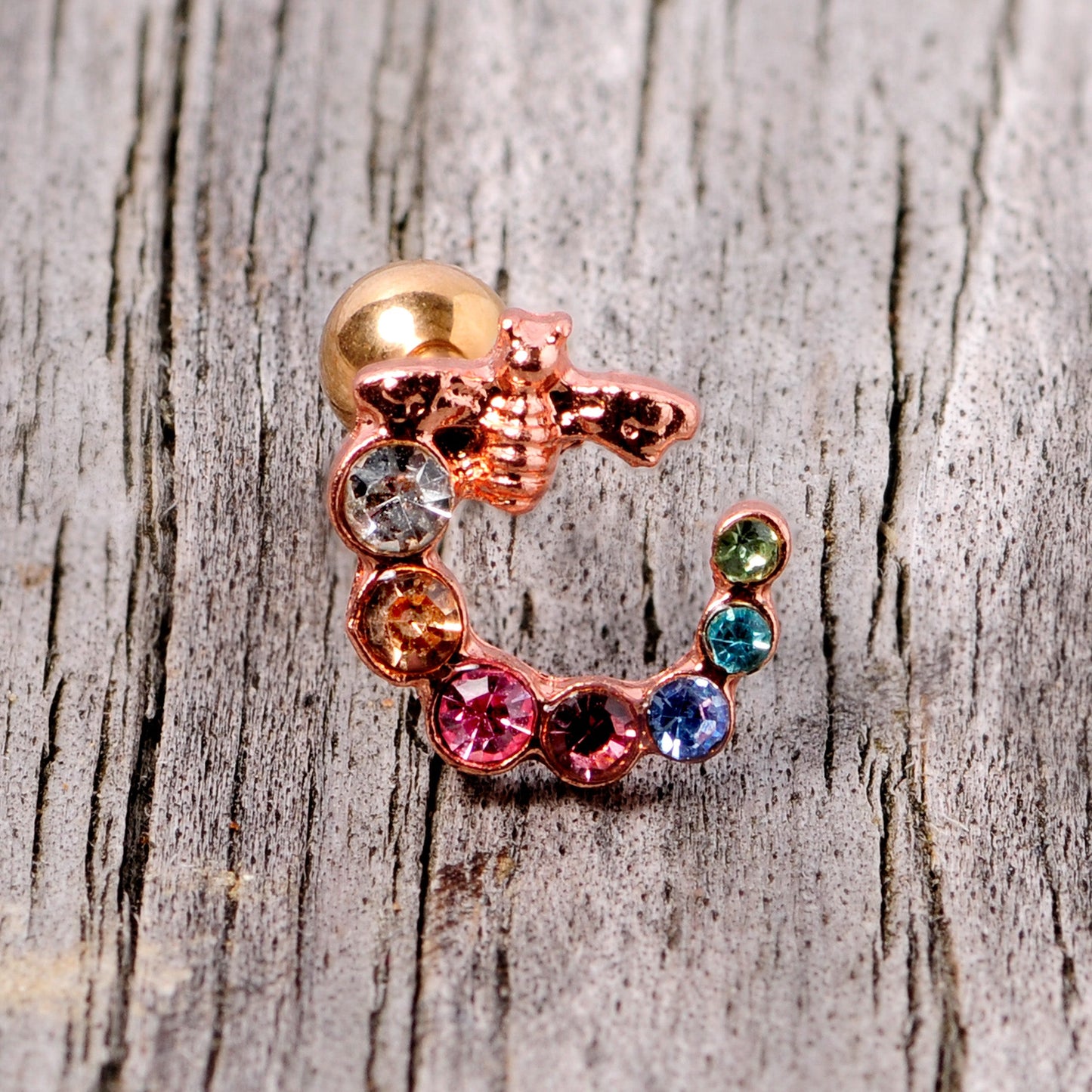 16 Gauge 1/4 Multicolor Gem Rose Gold Tone Bee Cartilage Tragus Earring