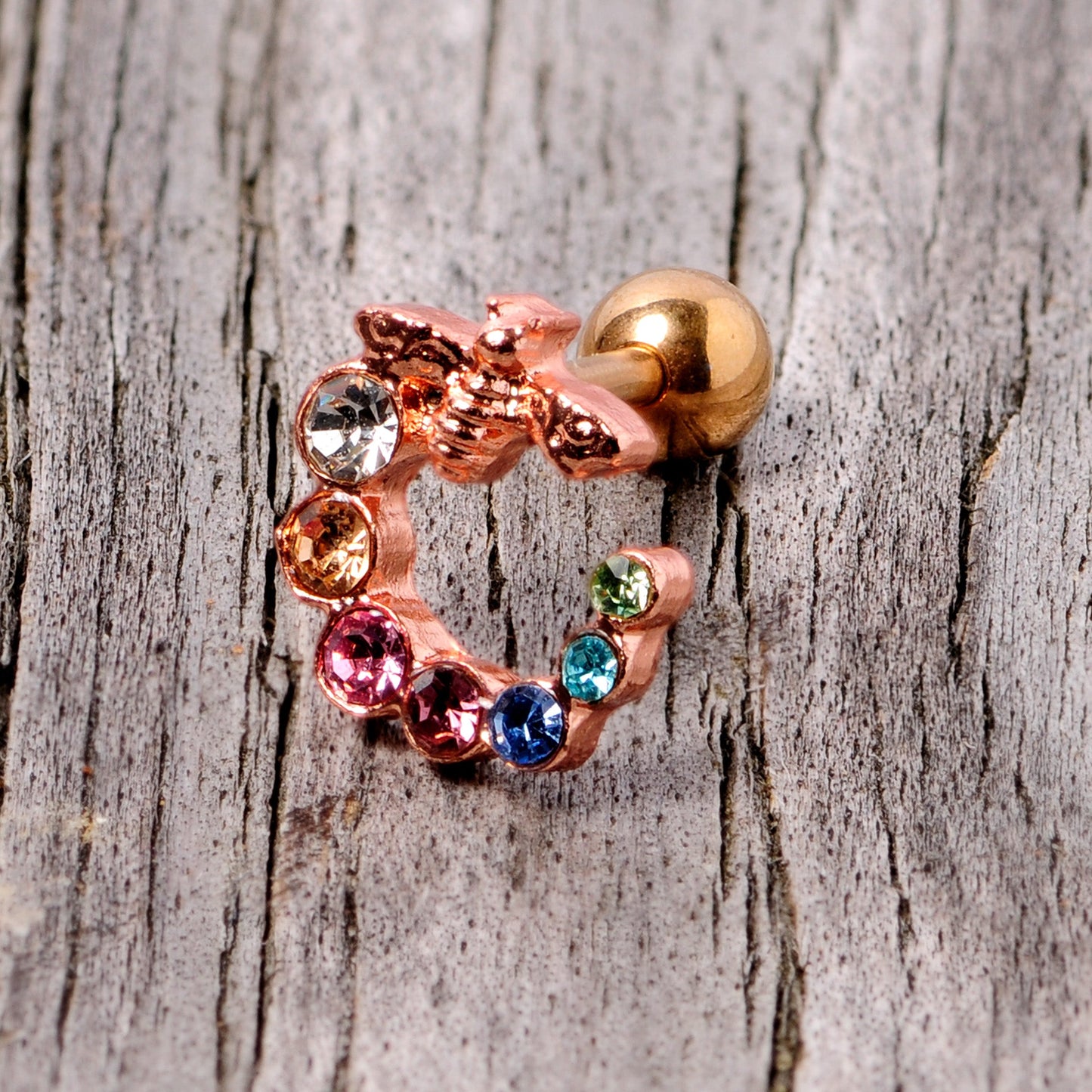 16 Gauge 1/4 Multicolor Gem Rose Gold Tone Bee Cartilage Tragus Earring