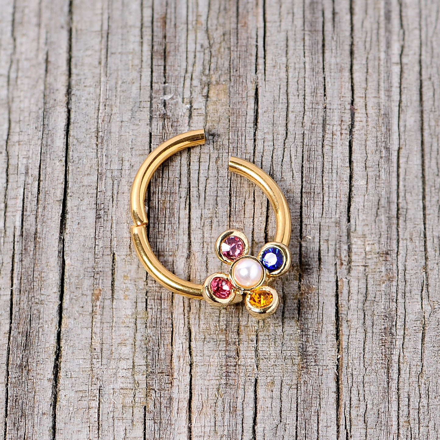 16 Gauge 3/8 Pink Blue Gem Gold Tone Hinged Segment Ring