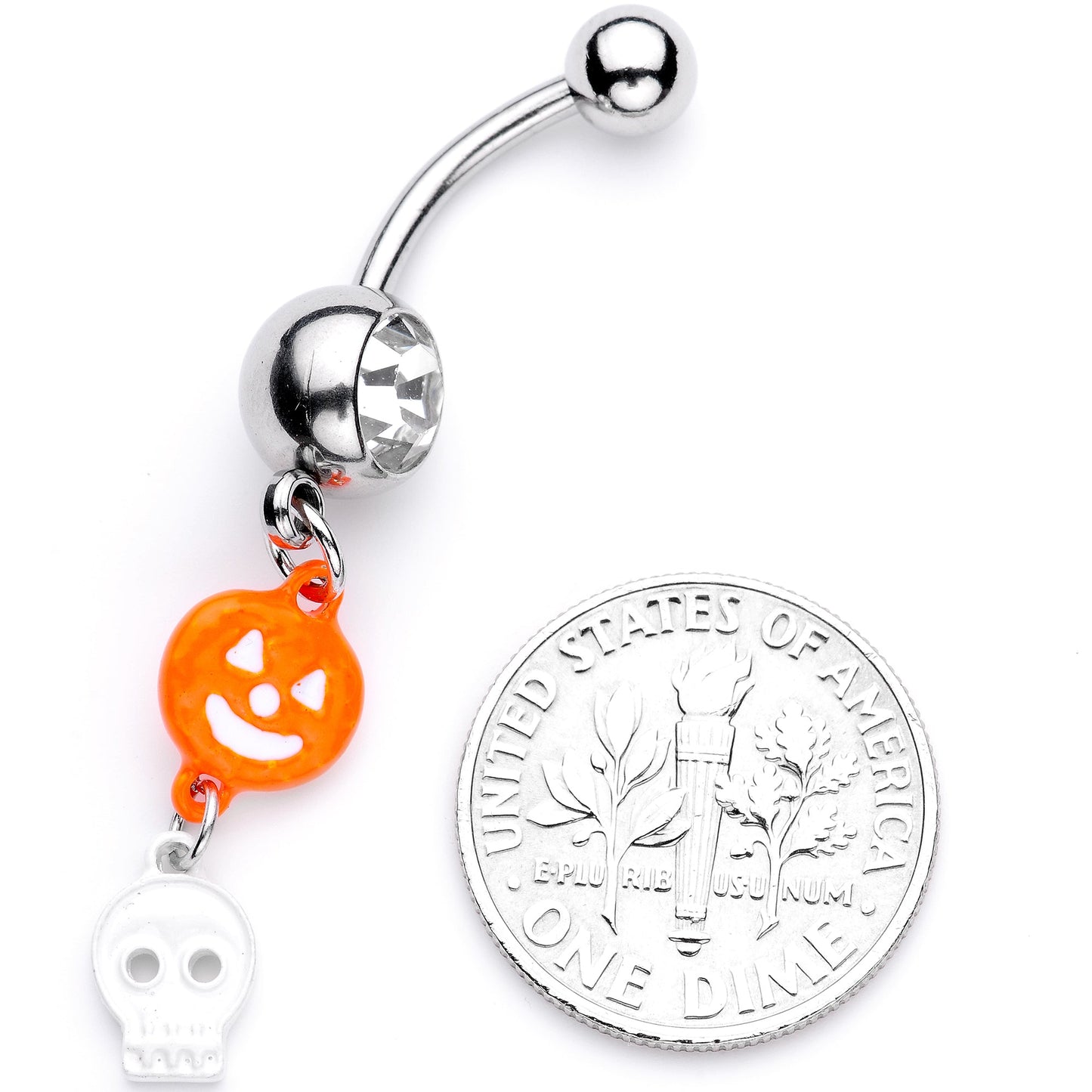 Clear Gem Orange Pumpkin Skull Halloween Dangle Belly Ring