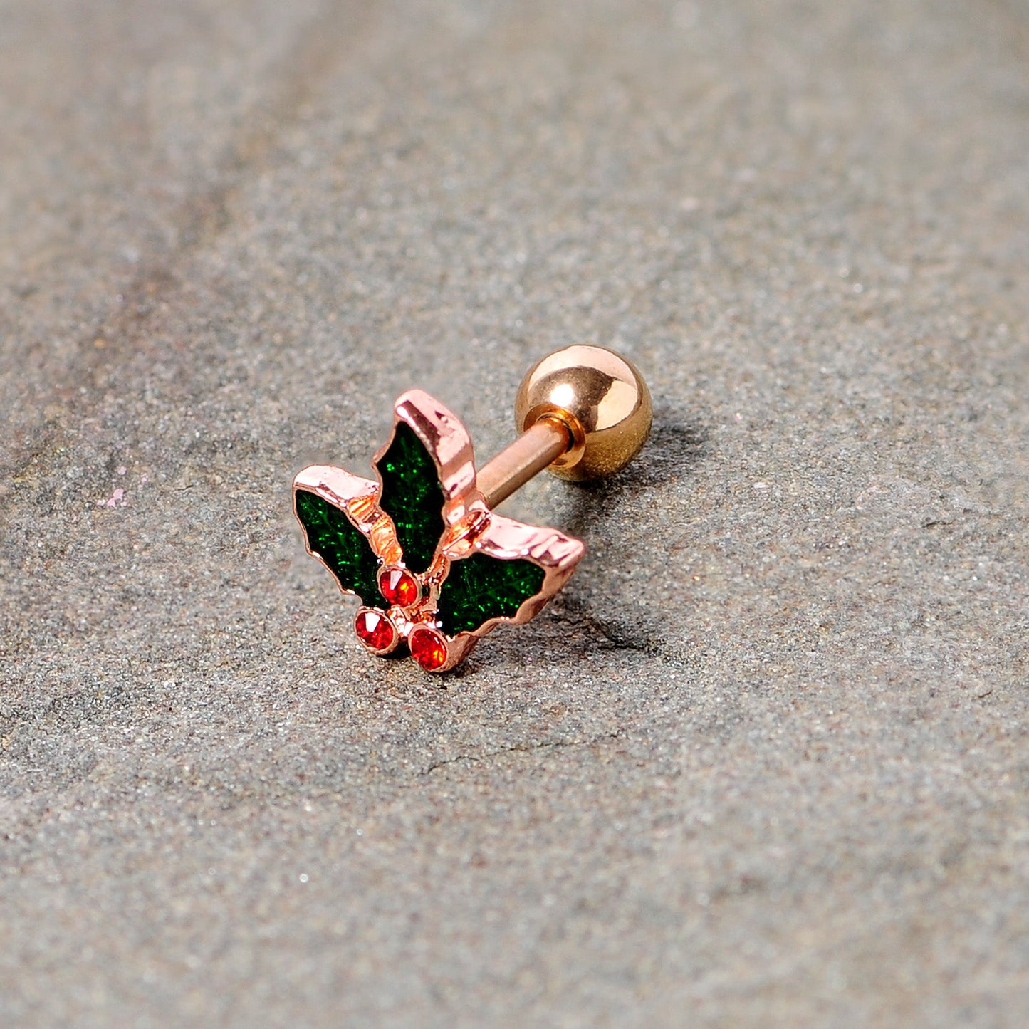 16 Gauge 1/4 Red Gem Rose Tone Mistletoe Christmas Cartilage Tragus