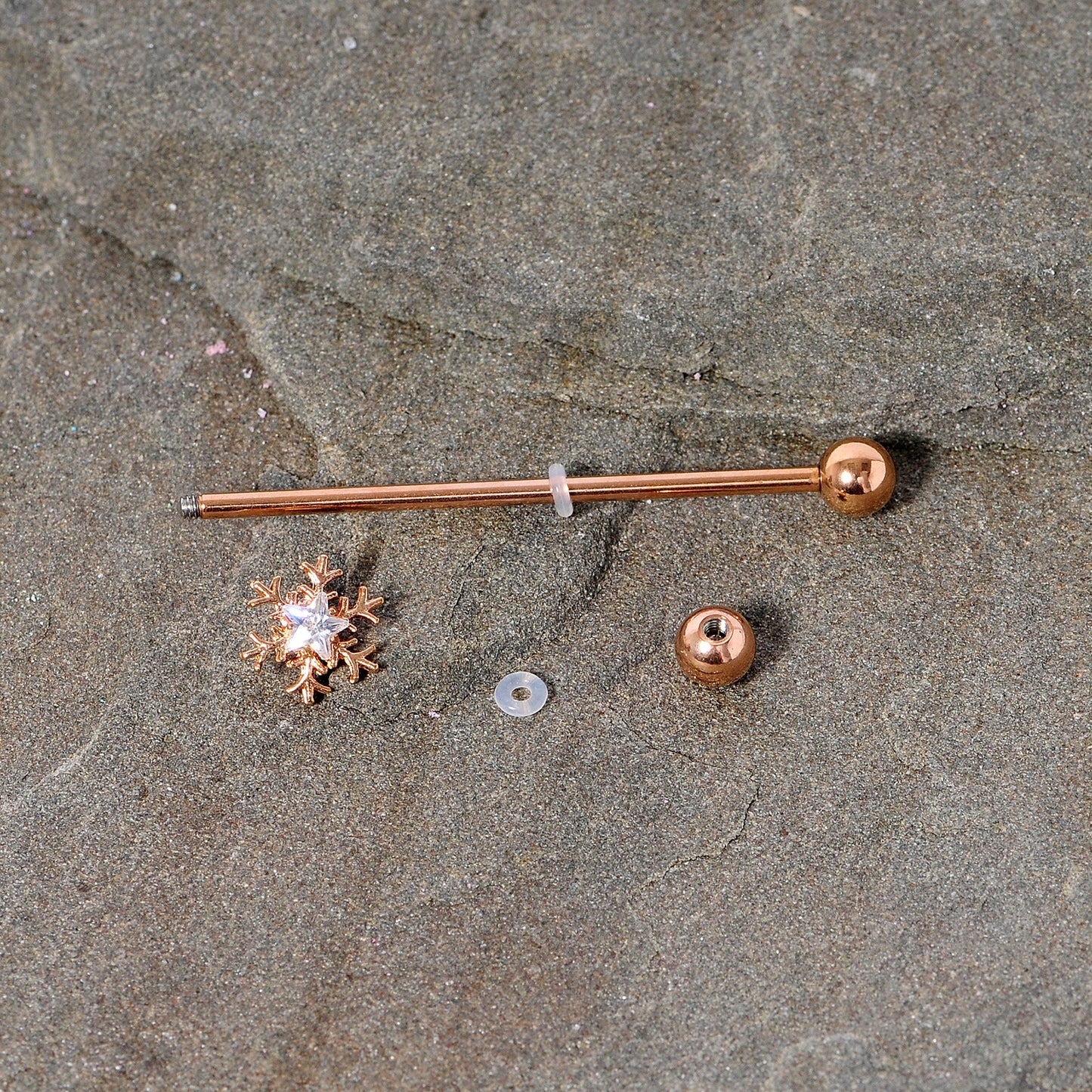14 Gauge Clear Gem Rose Gold Tone Snowflake Industrial Barbell 38mm
