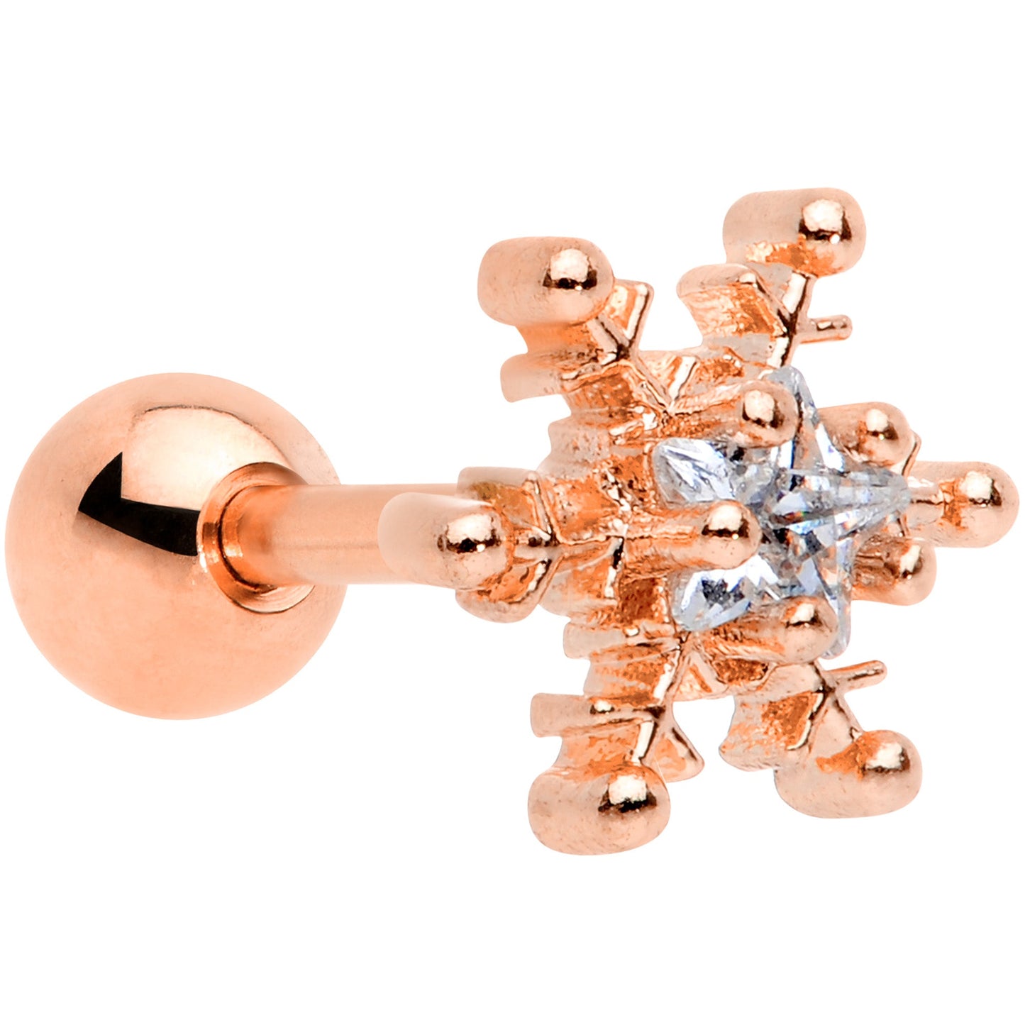 16 Gauge 1/4 Clear Gem Rose Gold Tone Snowflake Cartilage Tragus