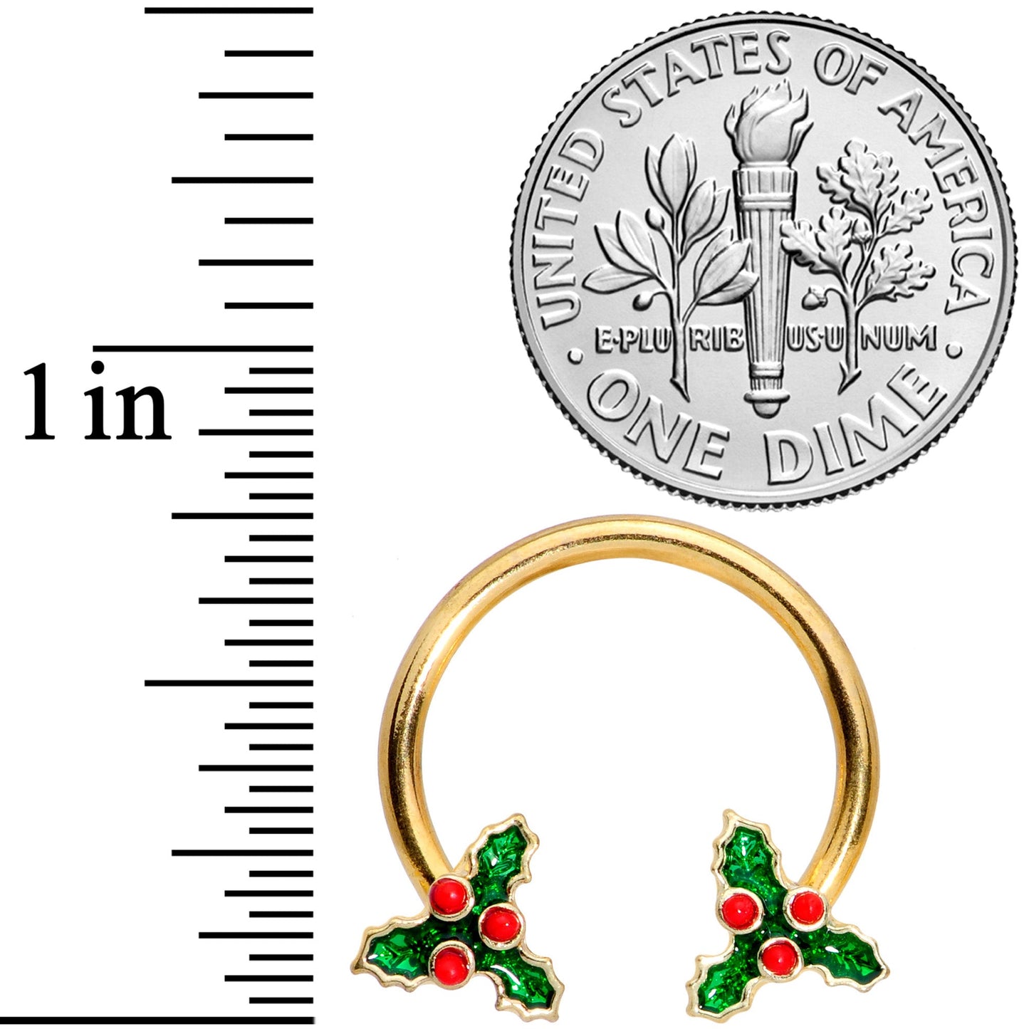14 Gauge 9/16 Gold Tone Holly Christmas Horseshoe Nipple Ring Set