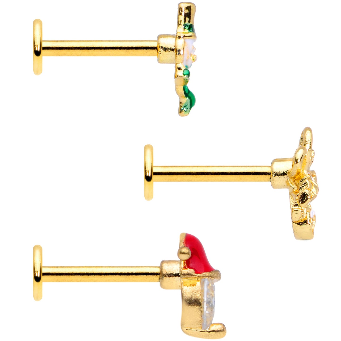 16 Gauge 5/16 Clear Gem Gold Tone Christmas Labret Monroe Tragus Set of 3