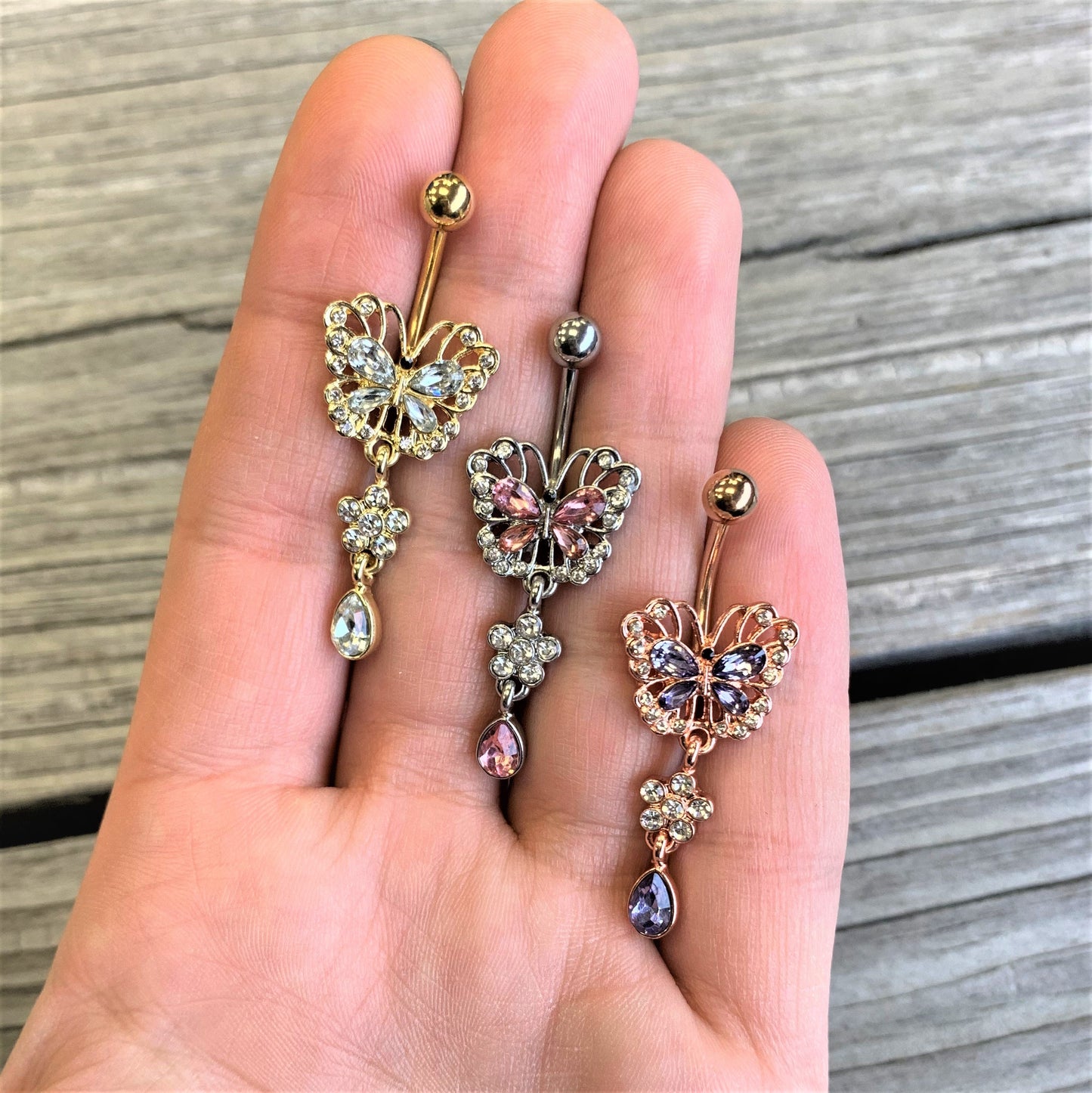 Clear Pink Gem Lacy Butterfly Flower Drop Dangle Belly Ring