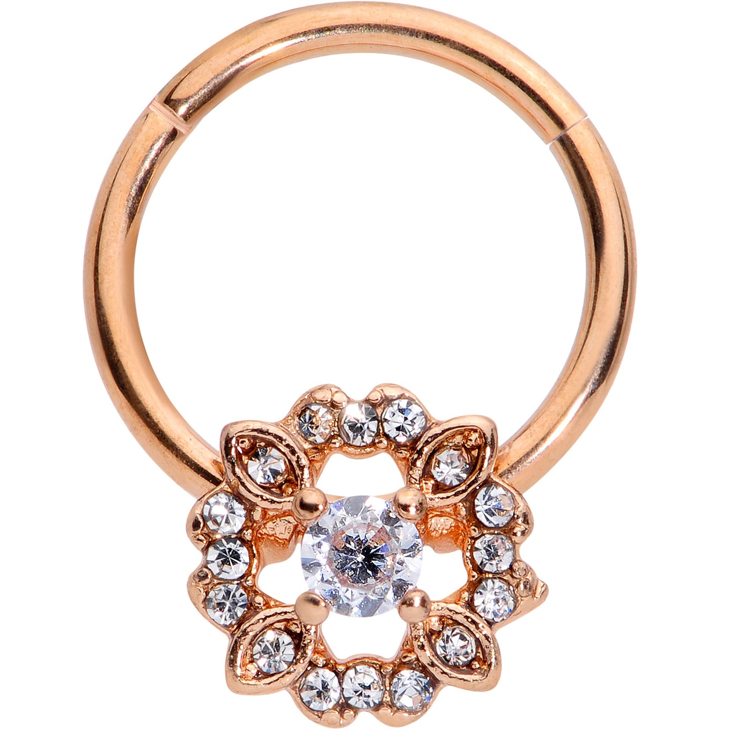16 Gauge 3/8 Clear Gem Rose Gold Tone Wreath Hinged Segment Ring