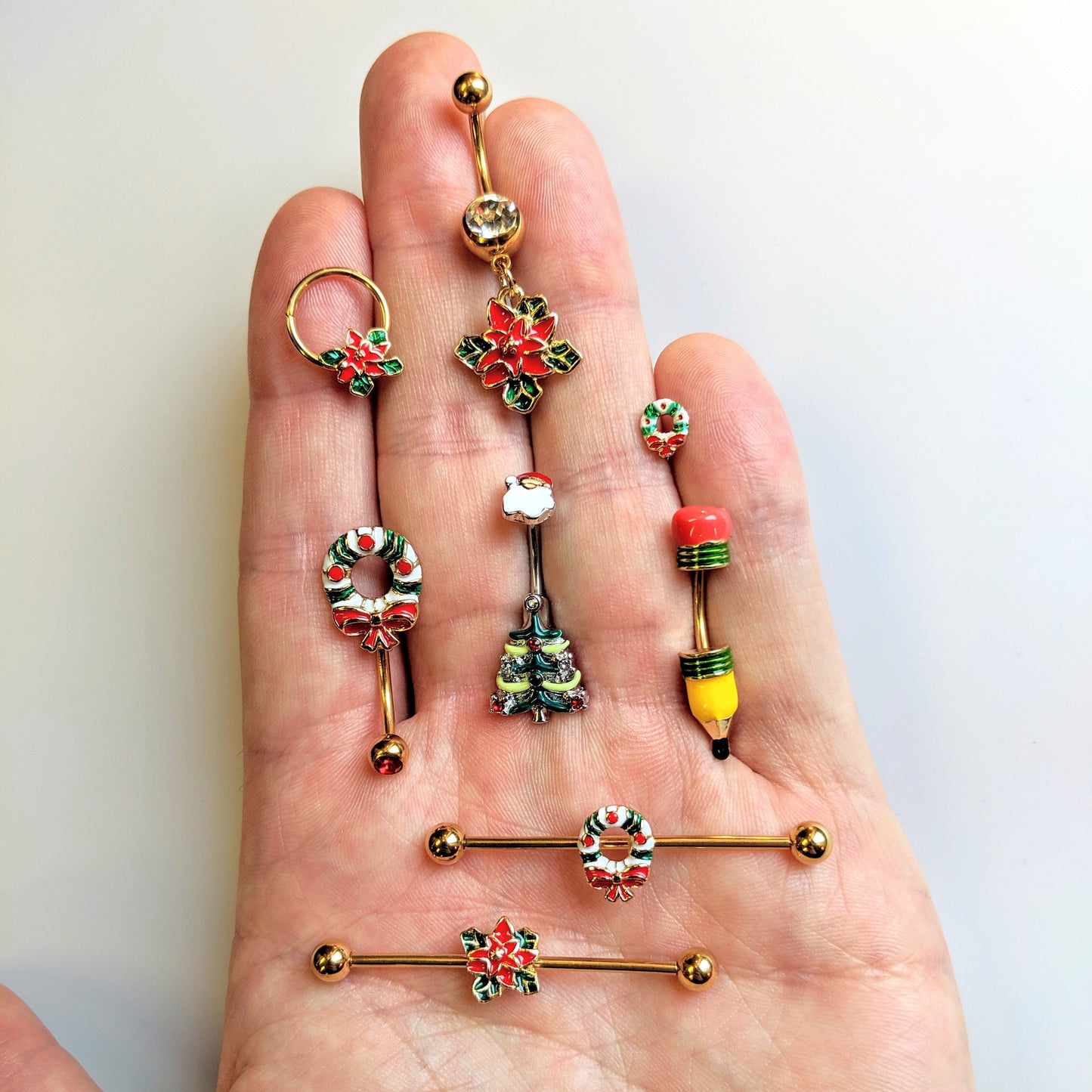 14 Gauge Gold Tone PVD Poinsettia Christmas Industrial Barbell 38mm