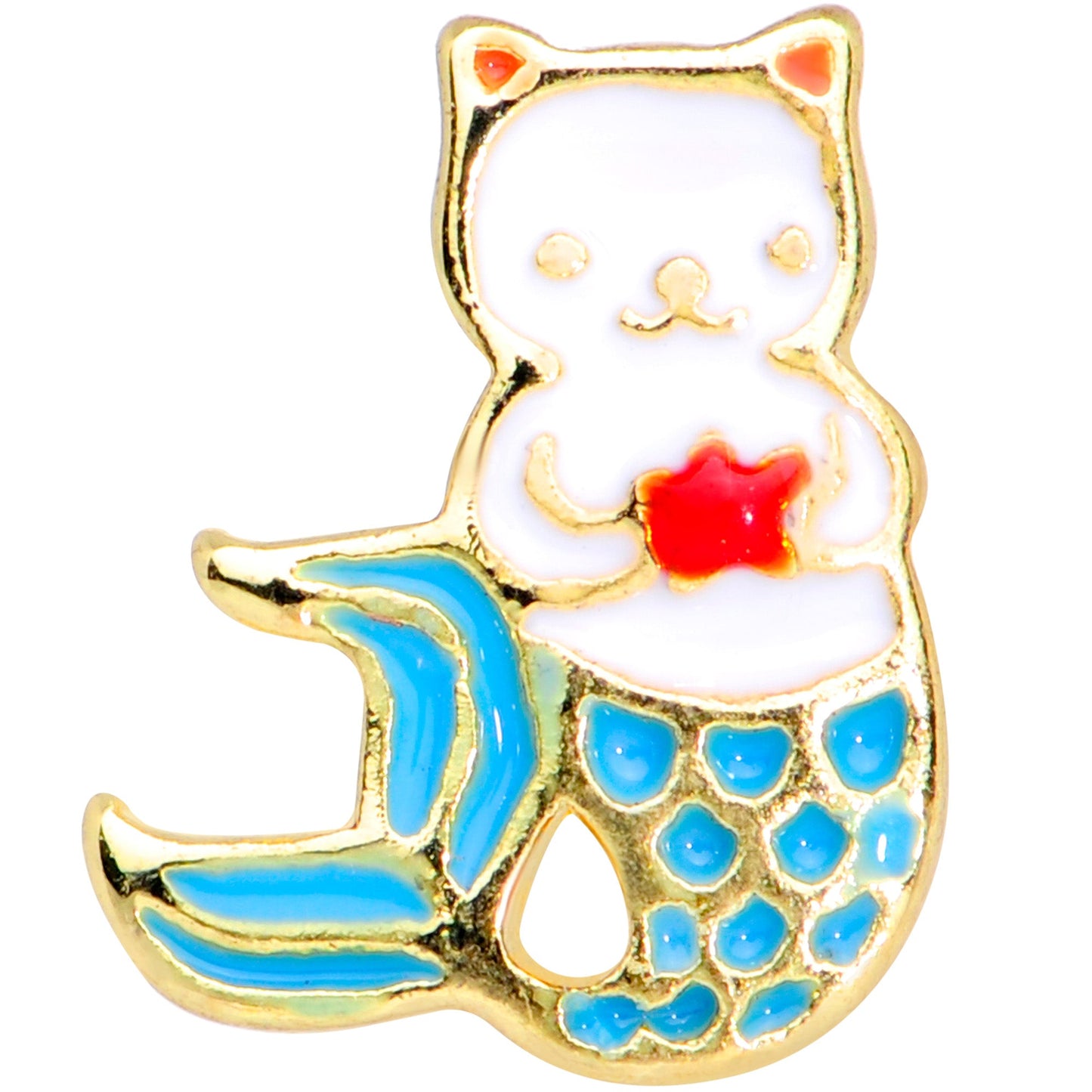 16 Gauge 1/4 Gold Tone Blue White Mermaid Cat Cartilage Tragus