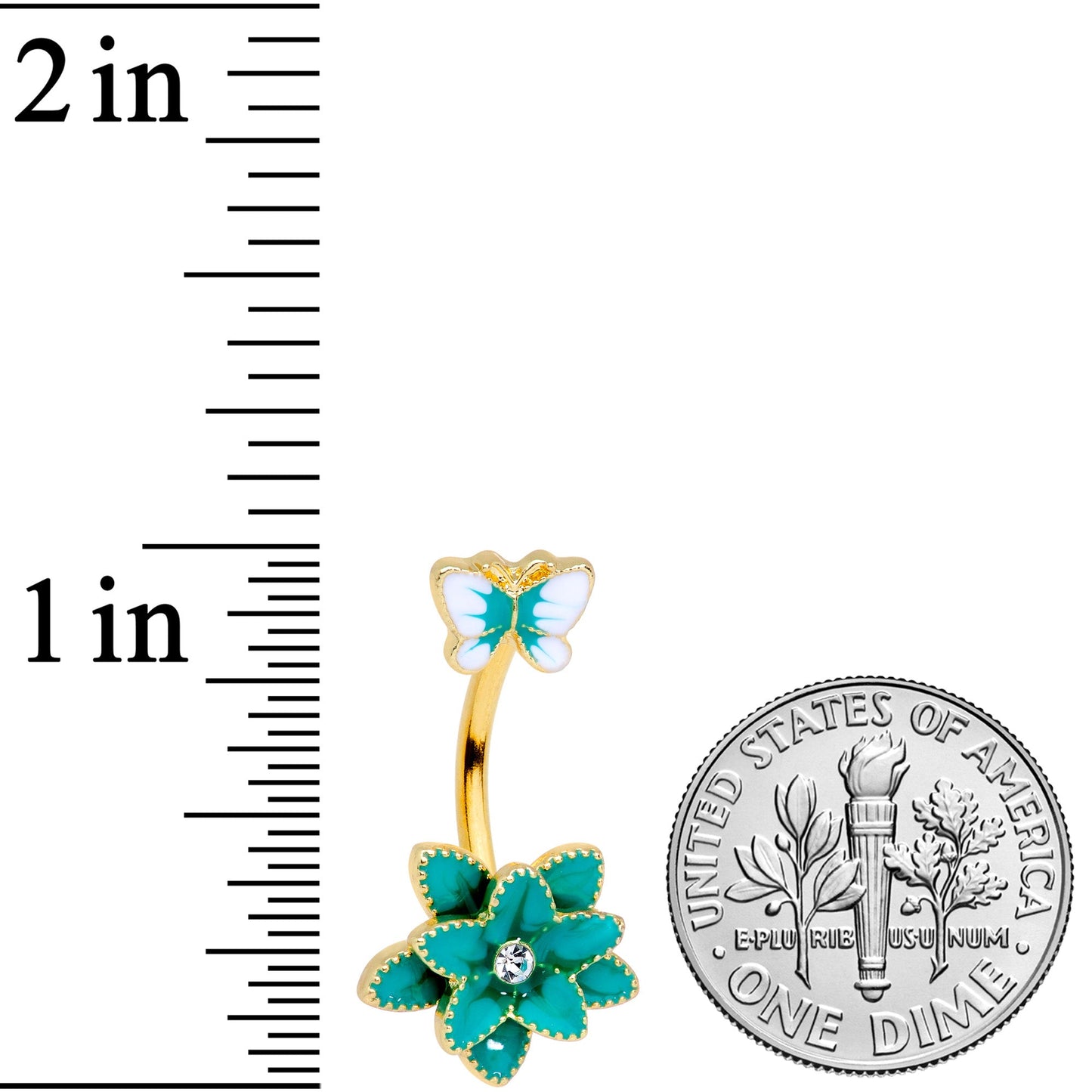 Clear Gem Gold Tone Blue Flower Butterfly Double Mount Belly Ring