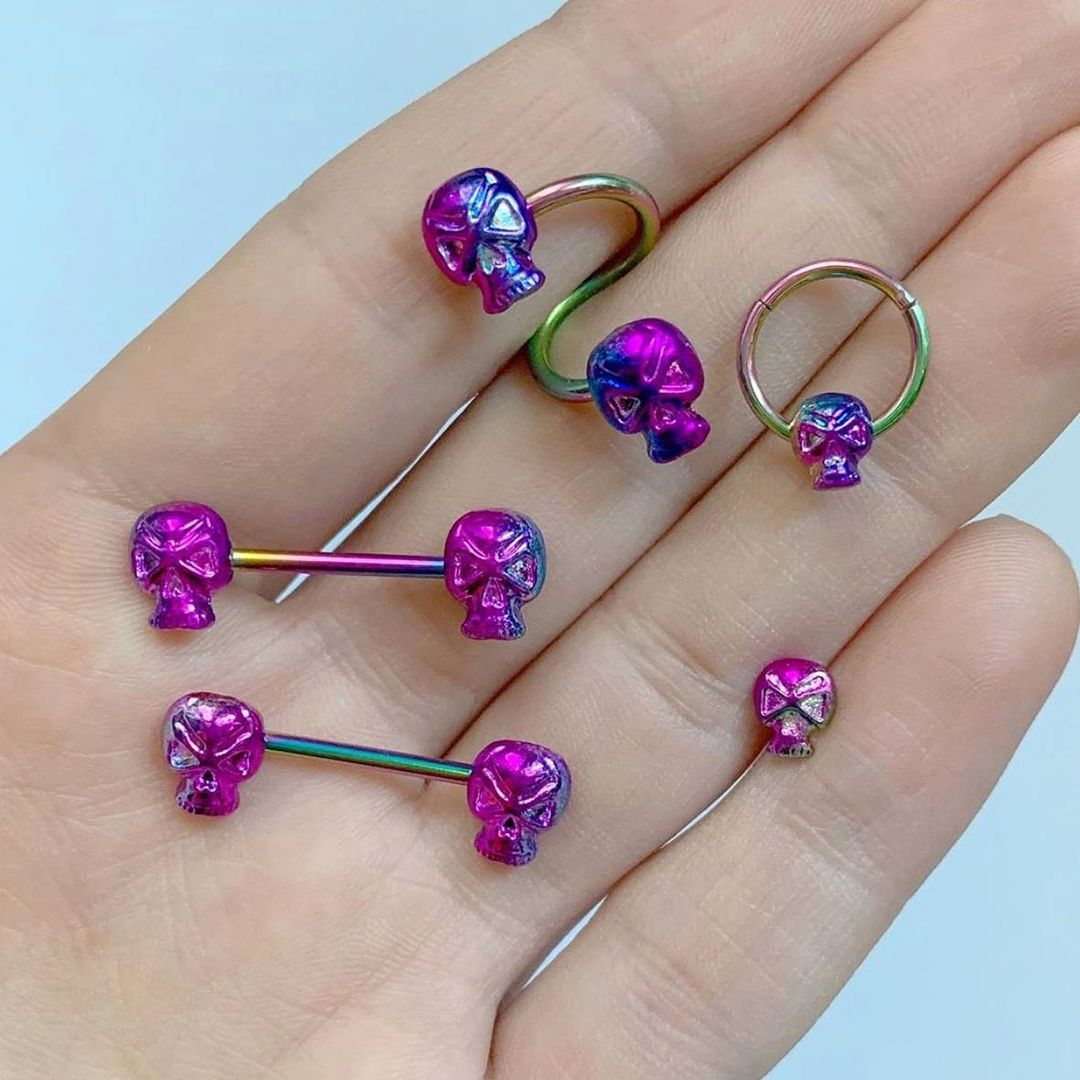 16 Gauge 1/4 Rainbow Plated Scary Skull Cartilage Tragus Earring