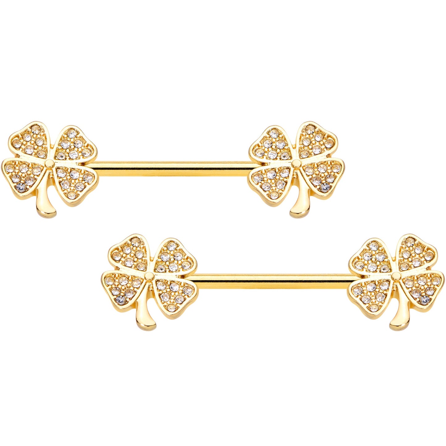 14 Gauge 9/16 Clear Gem Gold Tone Shamrock Barbell Nipple Ring Set