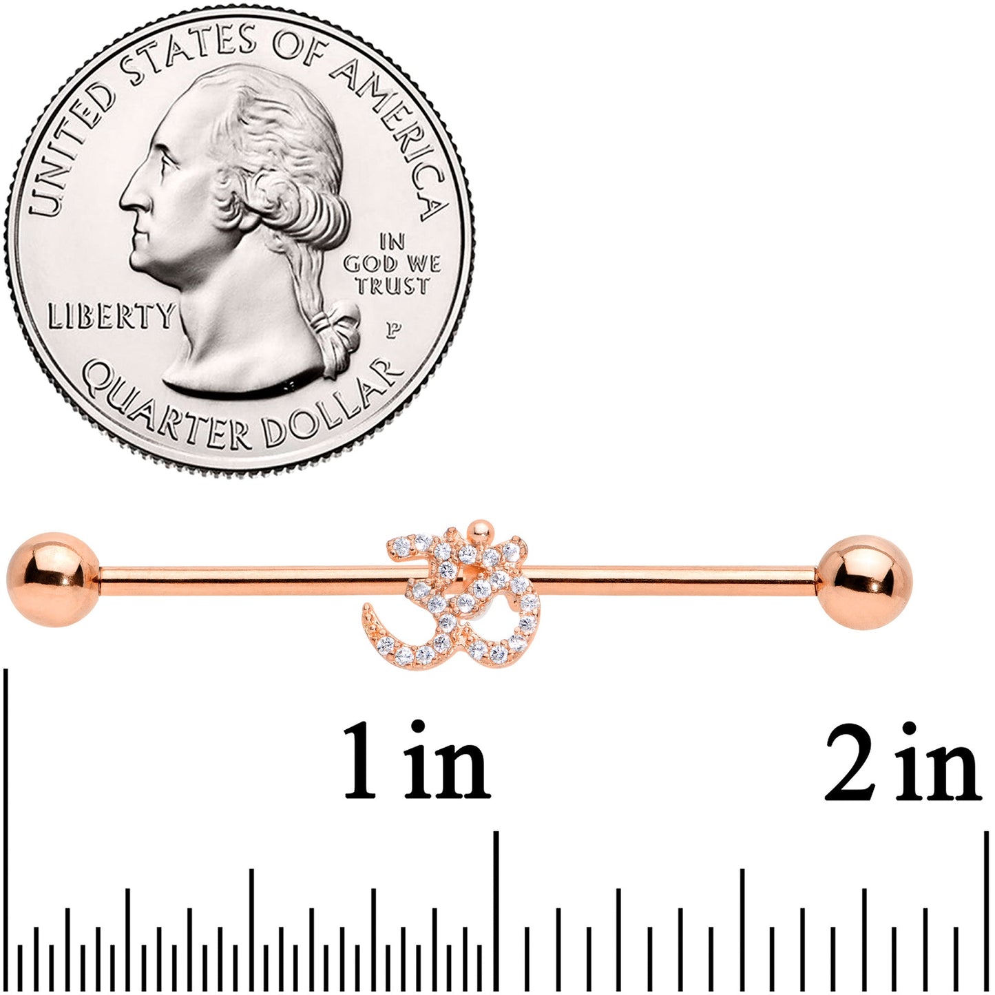 14 Gauge Clear CZ Gem Rose Gold Hue Amazing Om Industrial Barbell 38mm