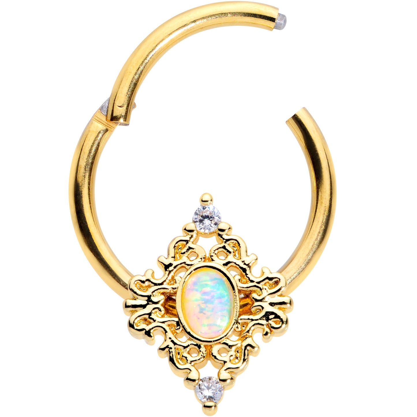 16 Gauge 3/8 White Synthetic Opal Gold Tone Oval Hinged Segment Ring