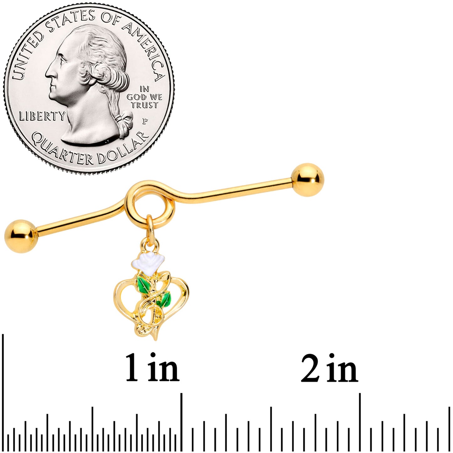 14 Gauge Gold Tone Heart Music Valentine Dangle Project Barbell 38mm