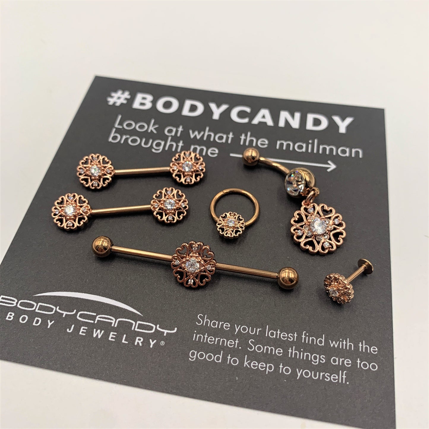 14 Gauge 9/16 Clear CZ Gem Rose Gold Hue Heart Barbell Nipple Ring Set