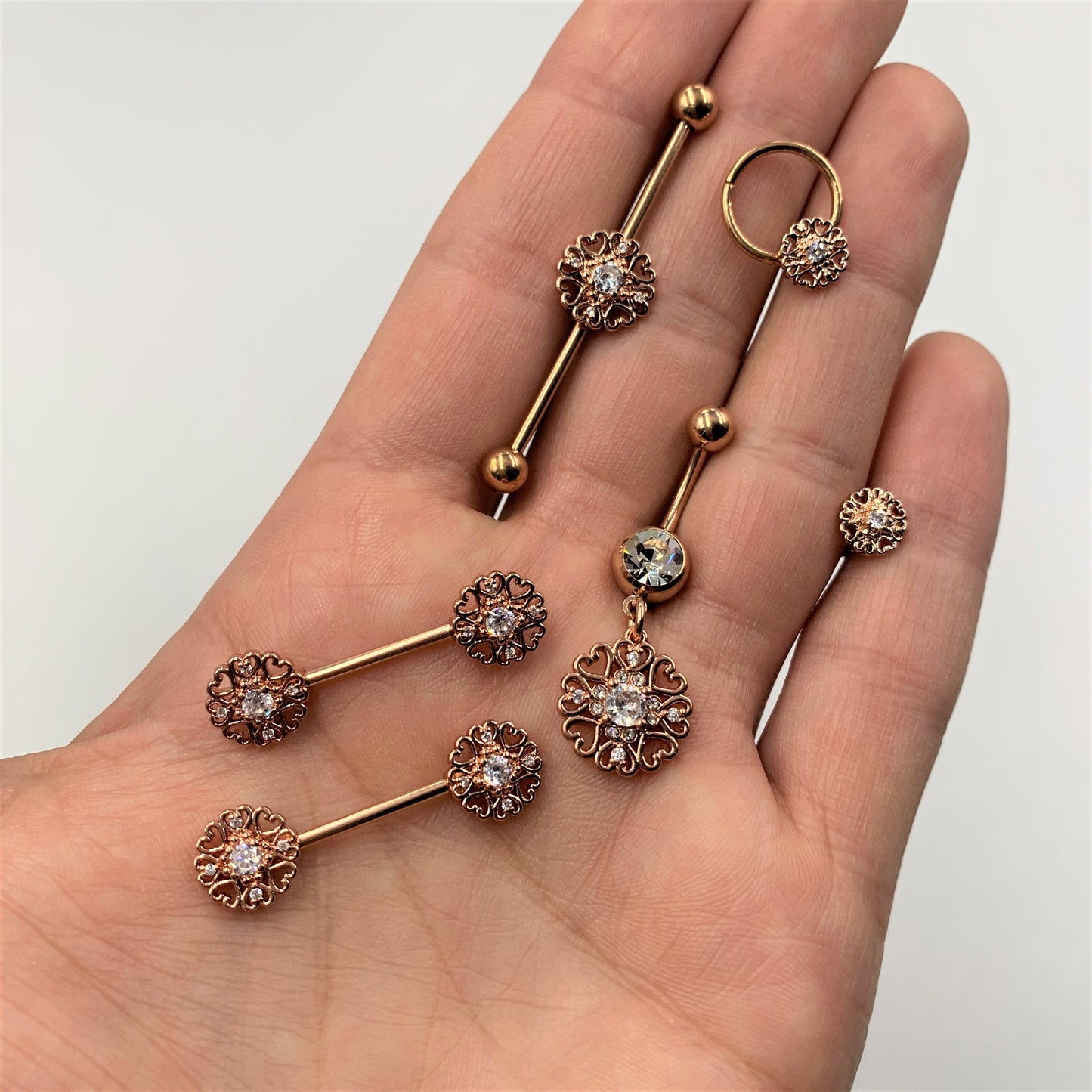 16 Gauge 3/8 Clear CZ Gem Rose Gold Tone Hearts Hinged Segment Ring