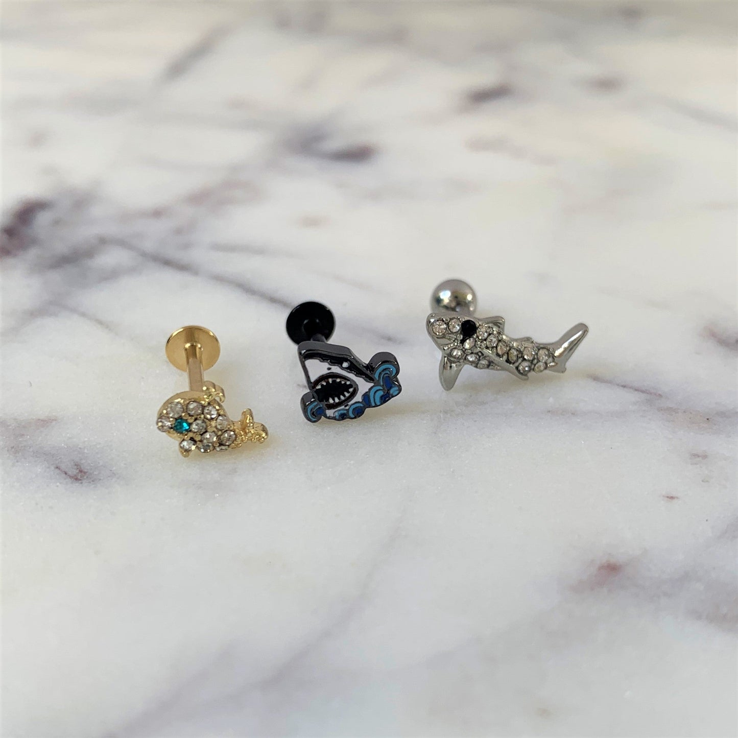 16 Gauge 5/16 Clear Aqua Gem Gold Tone Whale Labret Monroe Tragus