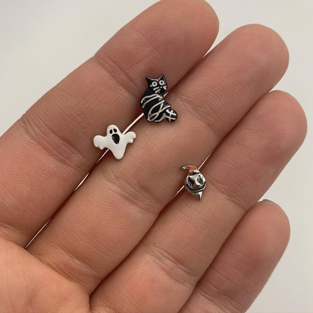16 Gauge 1/4 Black Cat Ghost Halloween Cartilage Tragus Set of 3