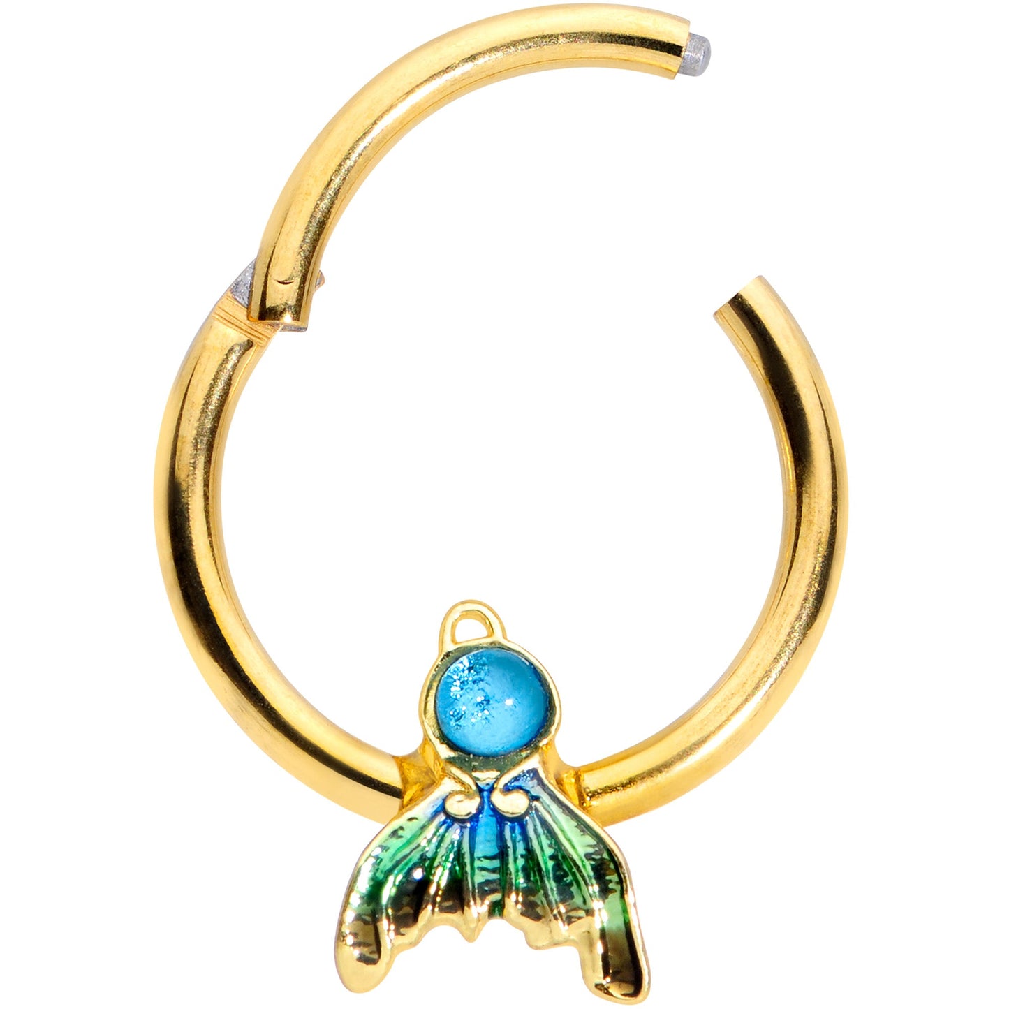 16 Gauge 3/8 Gold Tone Blue Green Mermaid Tail Hinged Segment Ring