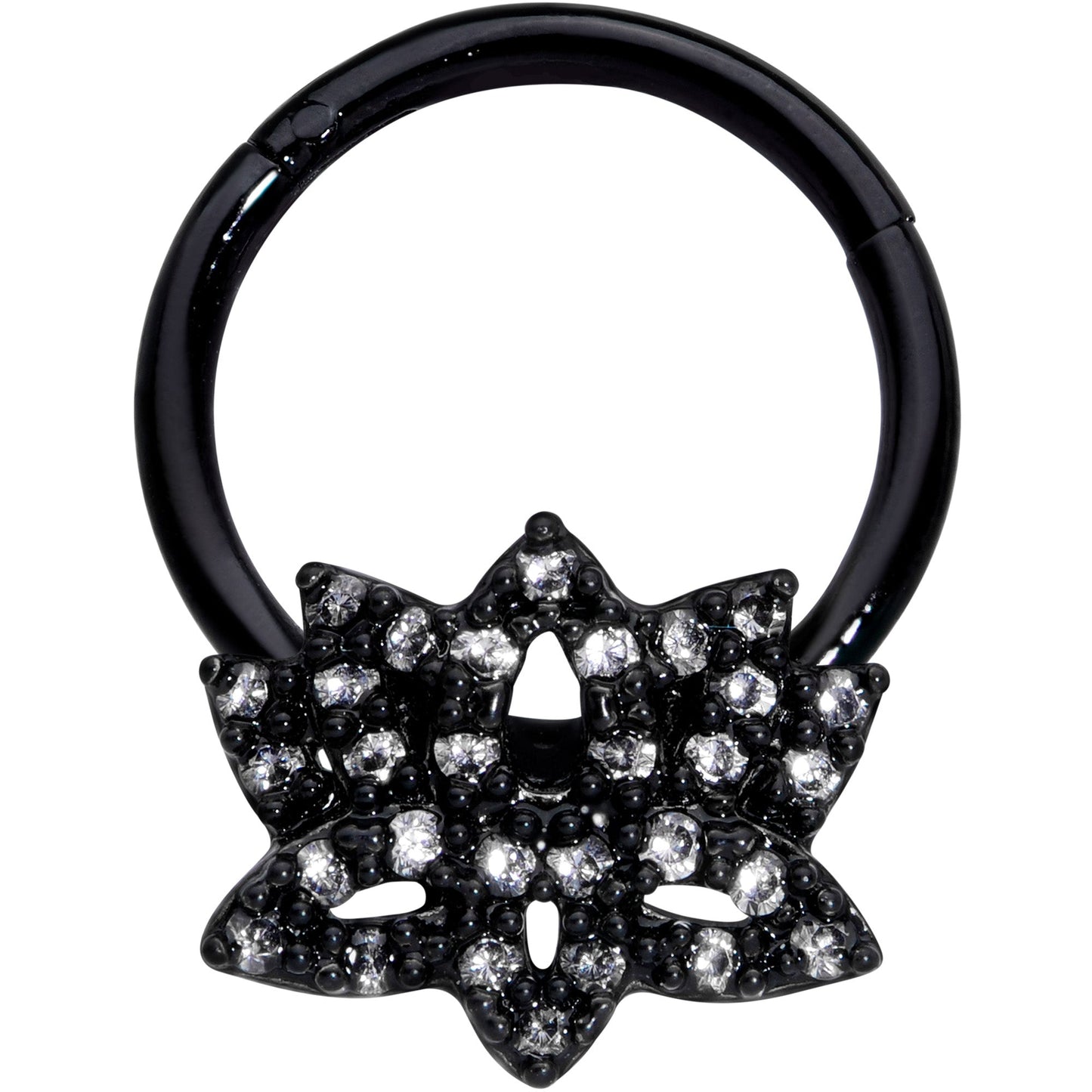 16 Gauge 3/8 Clear CZ Gem Black Lotus Flower Hinged Segment Ring