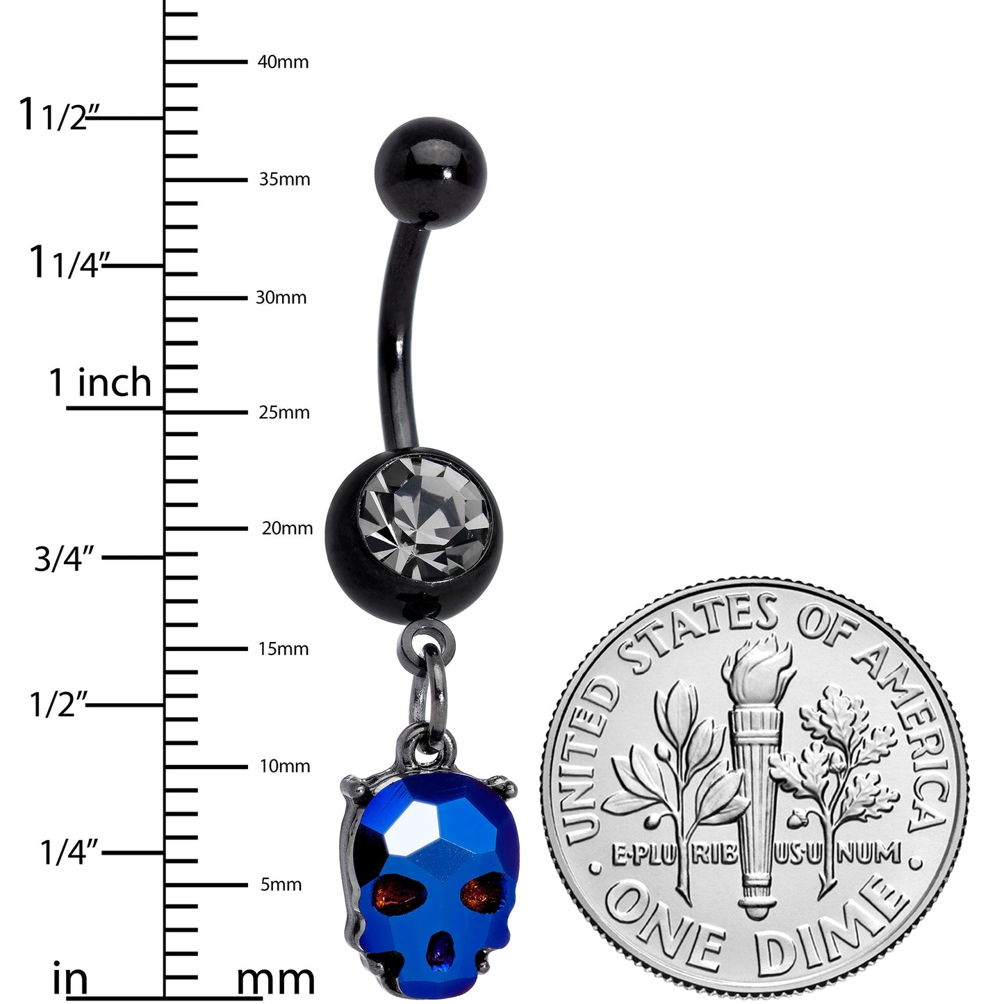 Clear Blue Gem Black Sugar Skull Dangle Belly Ring