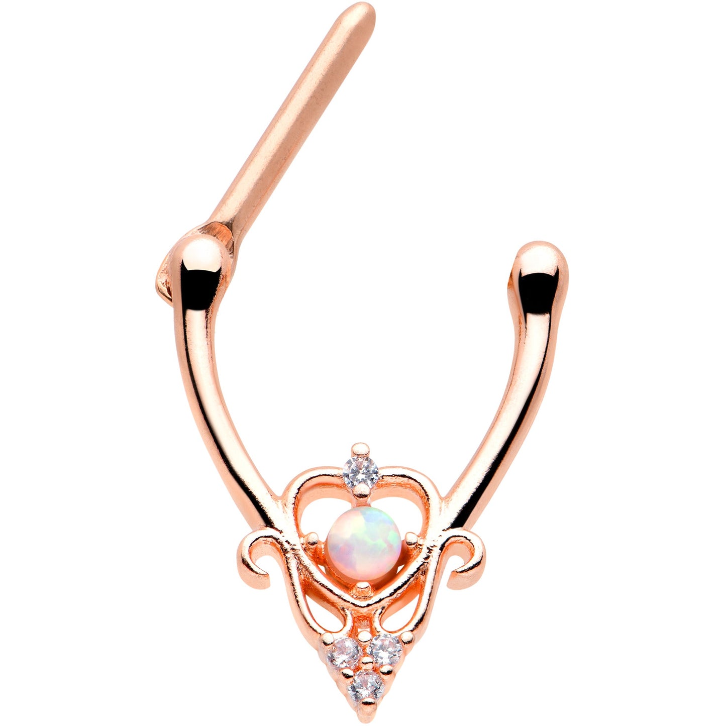 16 Gauge 5/16 White Synth Opal Rose Gold Tone Scroll Cartilage Clicker
