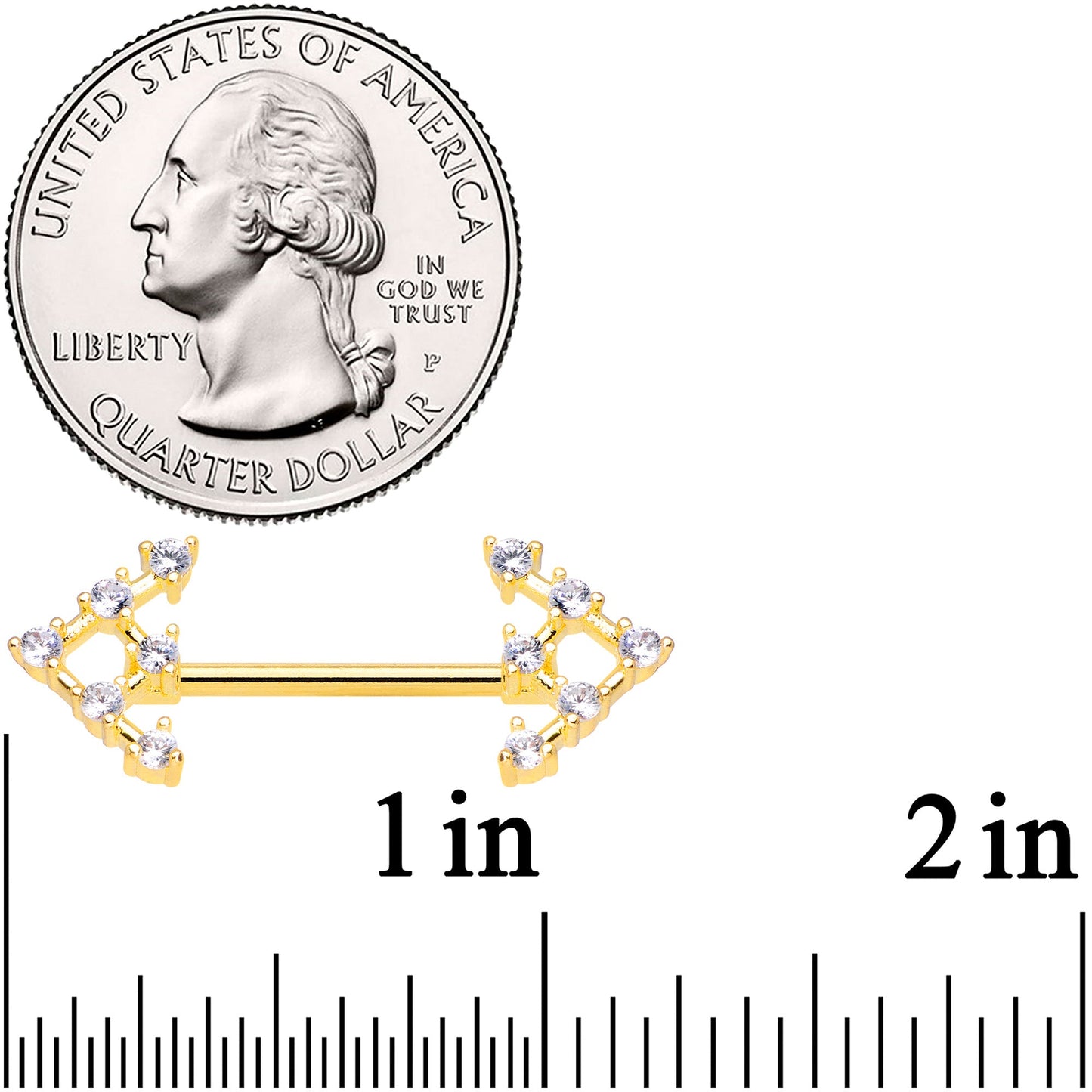 14 Gauge 9/16 Clear Gem Gold Tone Arrow Barbell Nipple Ring Set