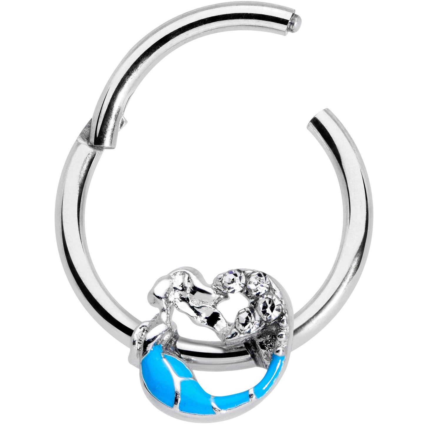 16 Gauge 3/8 Clear Gem Blue Curved Mermaid Hinged Segment Ring