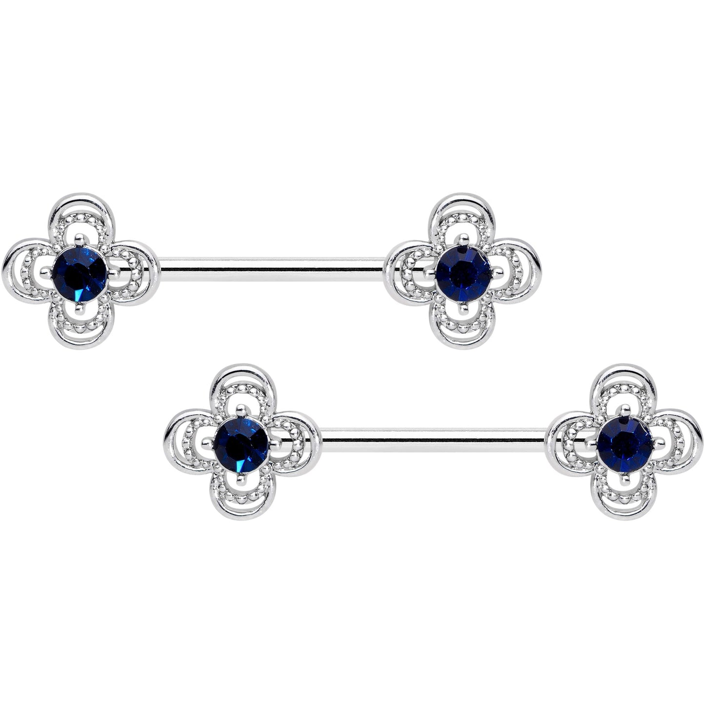 14 Gauge 9/16 Blue Gem Stylized Deco Cross Barbell Nipple Ring Set