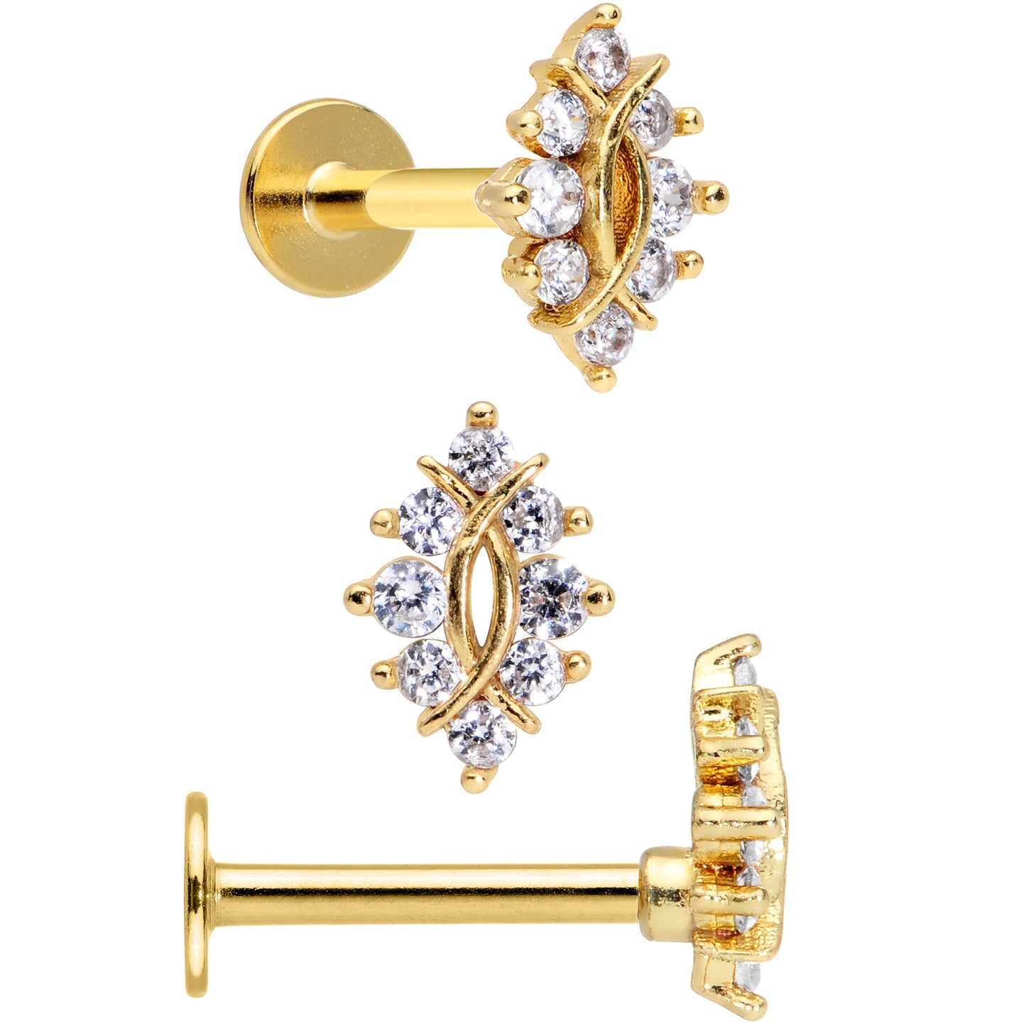 16 Gauge 5/16 Clear CZ Gem Gold Tone Triquetra Labret Tragus Set of 3