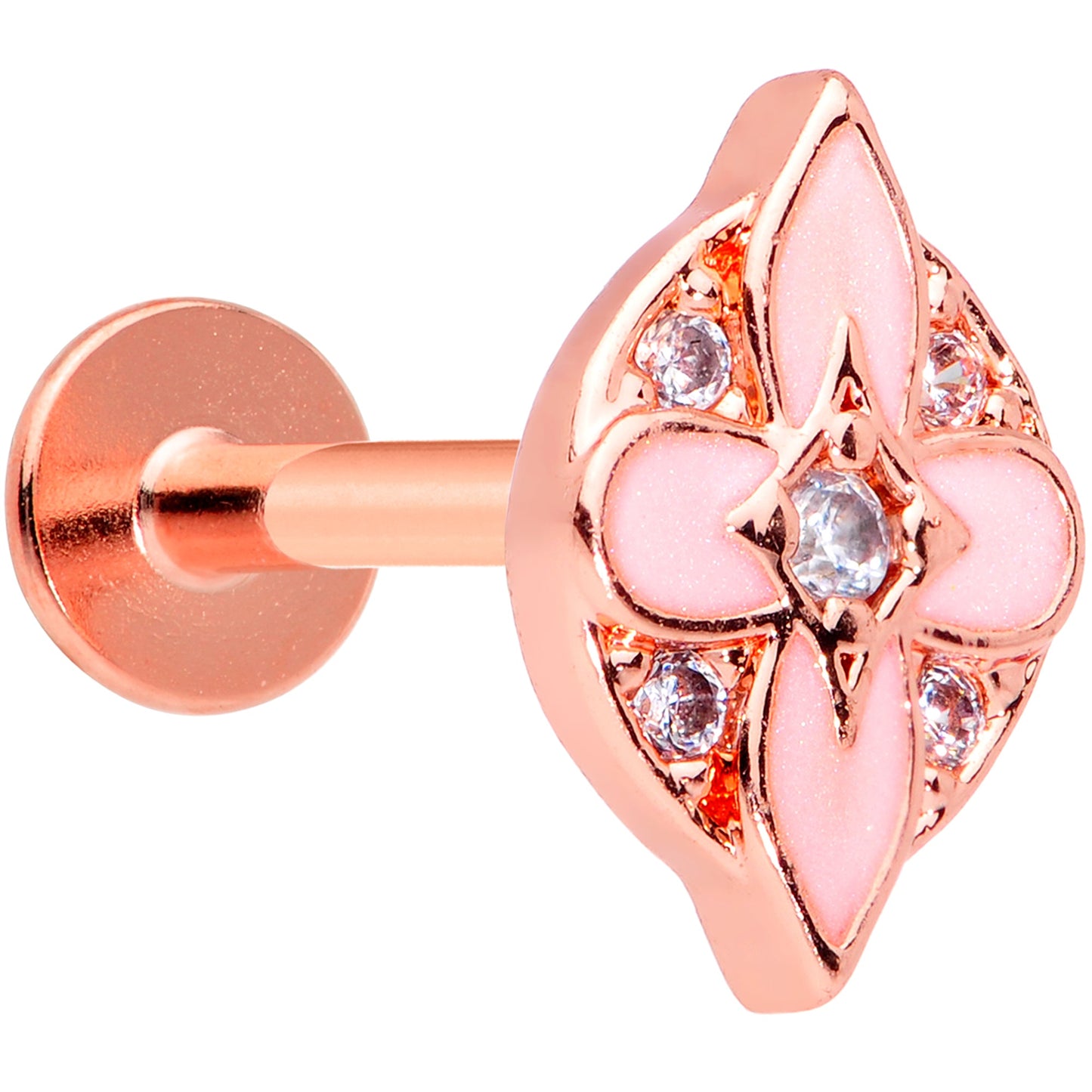 16 Gauge 5/16 Clear Gem Rose Gold Tone Pink Cross Labret Monroe Tragus