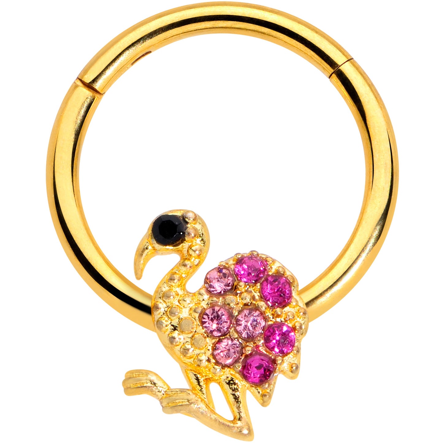 16 Gauge 3/8 Pink Gem Gold Tone Fashion Flamingo Hinged Segment Ring