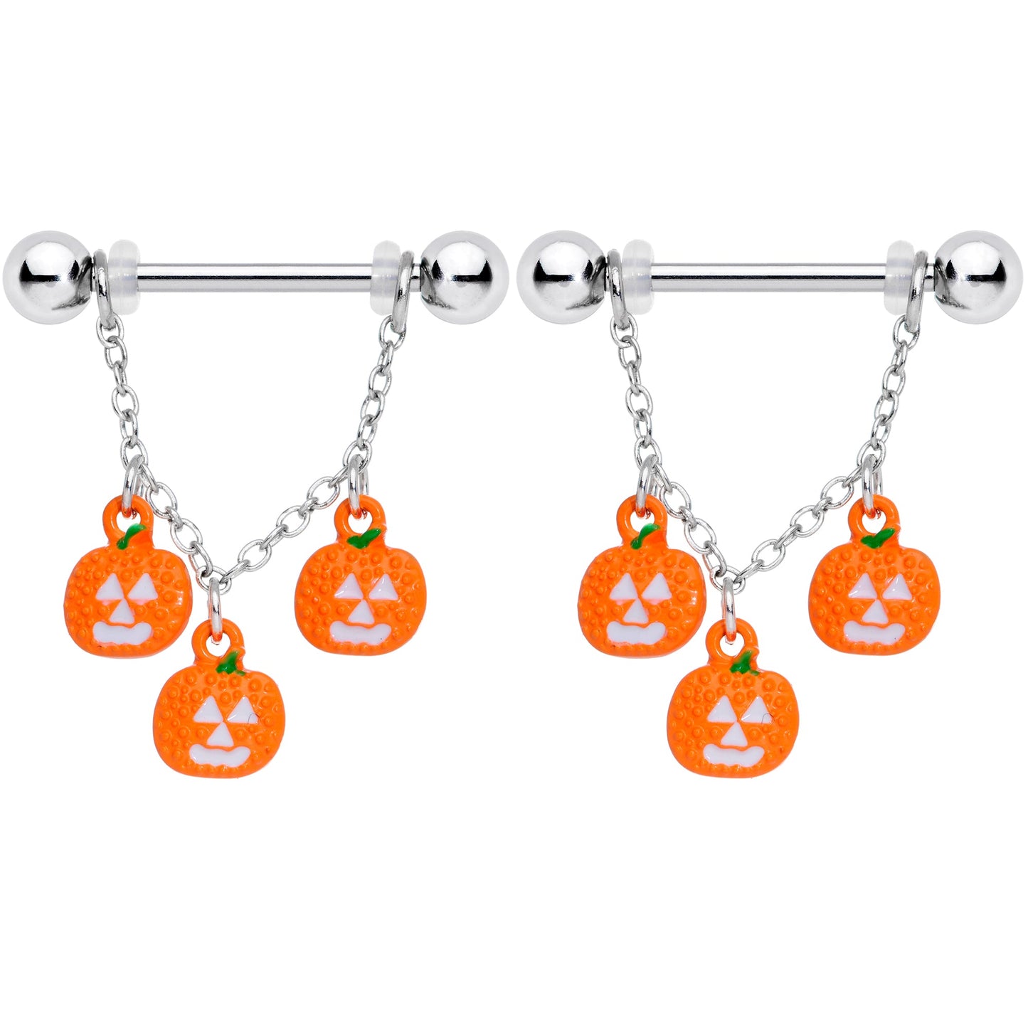 14 Gauge 9/16 Pumpkin Halloween Chain Dangle Nipple Ring Set
