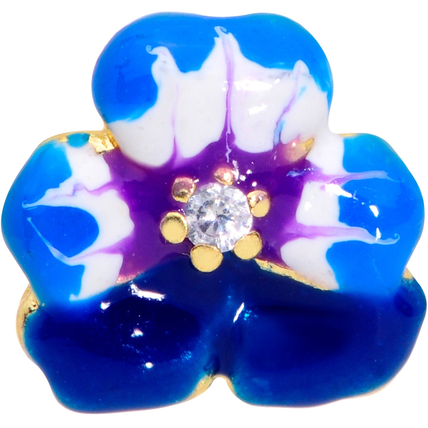 16 Gauge 5/16 Clear CZ Gem Gold Tone Blue Spring Flower Labret Monroe